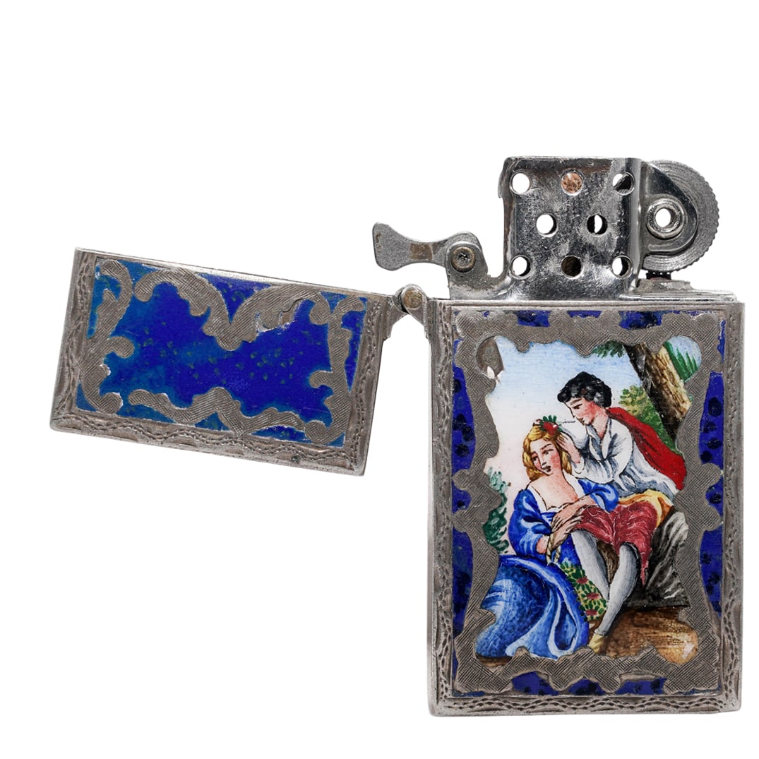 Vintage Italian Silver Enameled Lighter Case: Vintage Italian Silver Enameled Lighter Case20th Century. Italy.Vintage Italian silver enameled lighter case with engraved ornate motifs, and enameled figural scene. Marked "Made in Italy". With "Zipp