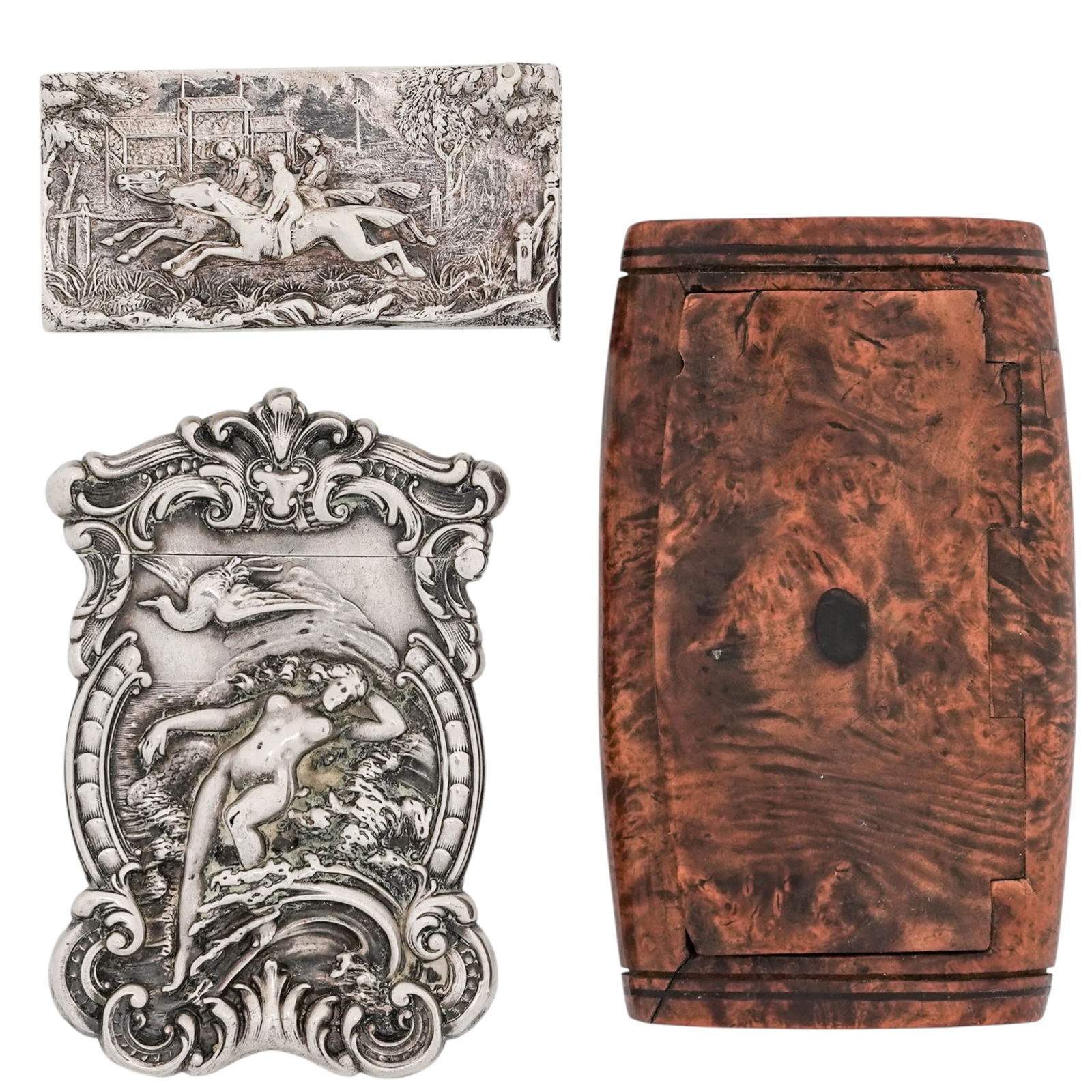 (3 Pc) Antique Burl Wood & Repoussse Silver Cases: (3 Pc) Antique Burl Wood & Repoussse Silver Cases20th Century. European.(3 Pc) Antique Burl Wood Hinged Box & Repoussse Silver Cases. This set includes:(1 Pc) one antique burl wood hinged box(1 Pc) on
