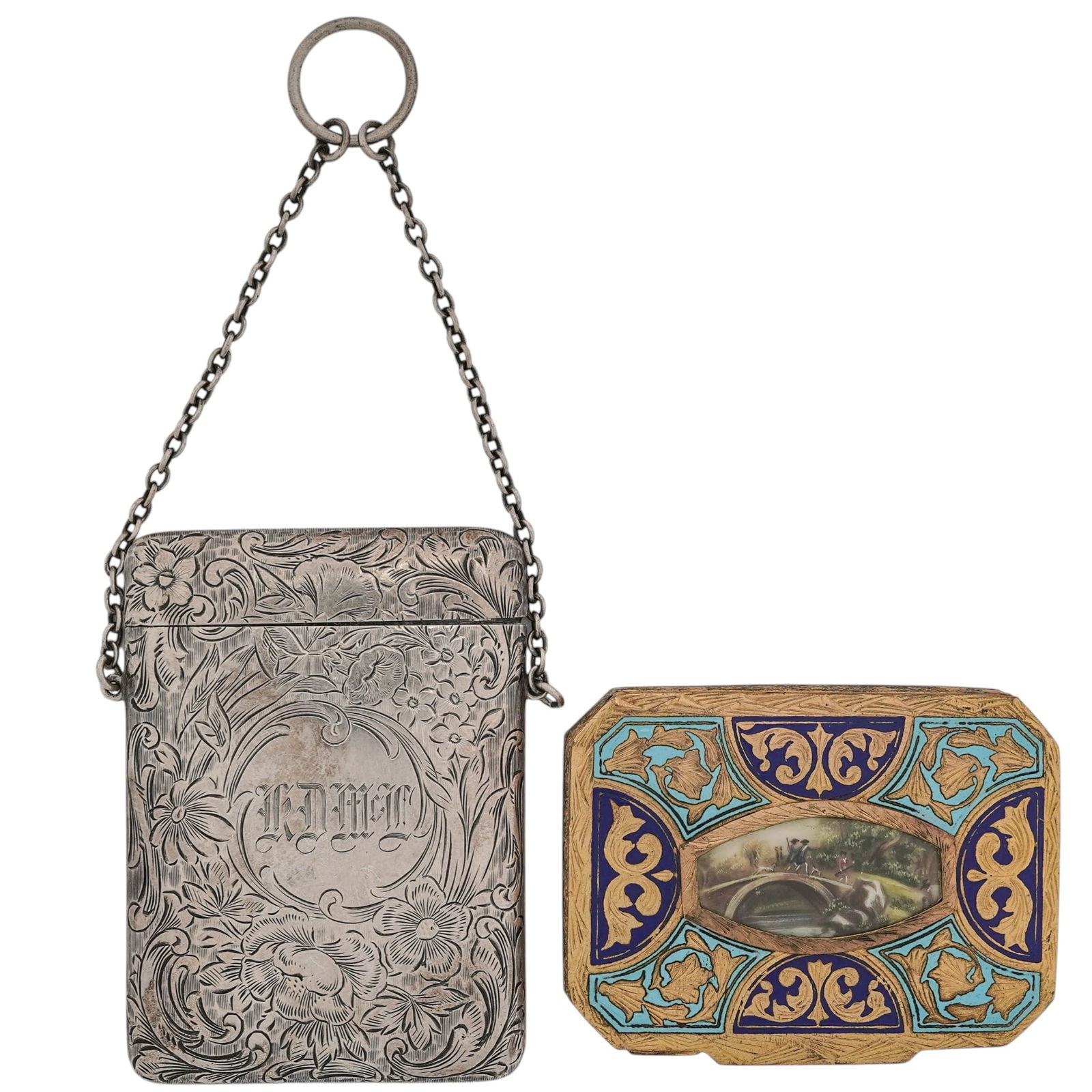(2 Pc) Antique Sterling Chatelaine Card Case & Gilt Enamel Compact: (2 Pc) Antique Sterling Chatelaine Card Case & Gilt Enamel CompactLate 19th- Early 20th Century. Continental.(2 Pc) Antique compact case and silver card case grouping. Includes:(1 Pc) Antique sterling