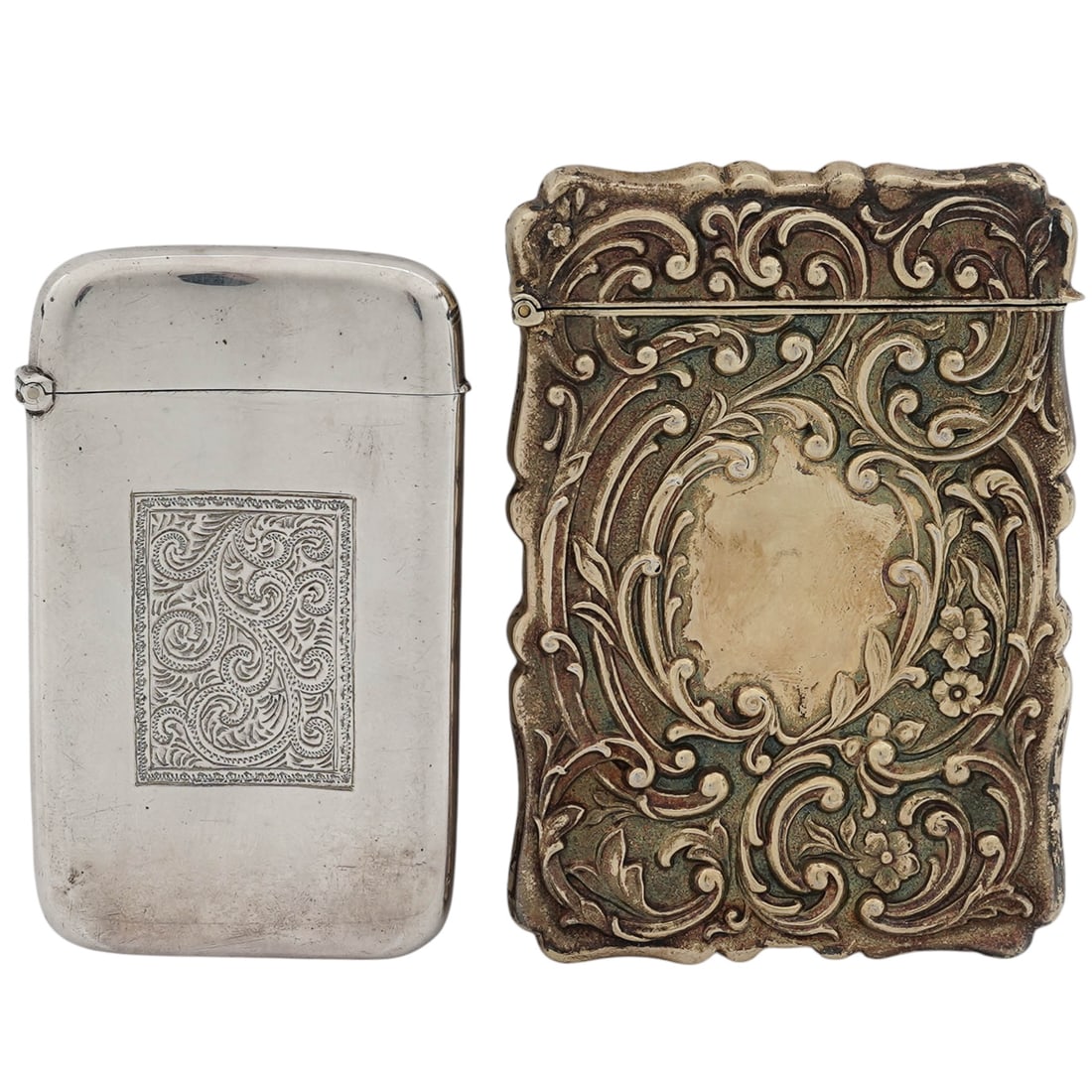 (2 Pc) Antique English Sterling Silver Cases: (2 Pc) Antique English Sterling Silver CasesLate 19th-Early 20th Century. England.(2 Pc) Pair of antique English sterling silver cases. Total weight: 118 grs. This set includes:(1 Pc) Late 19th Centur