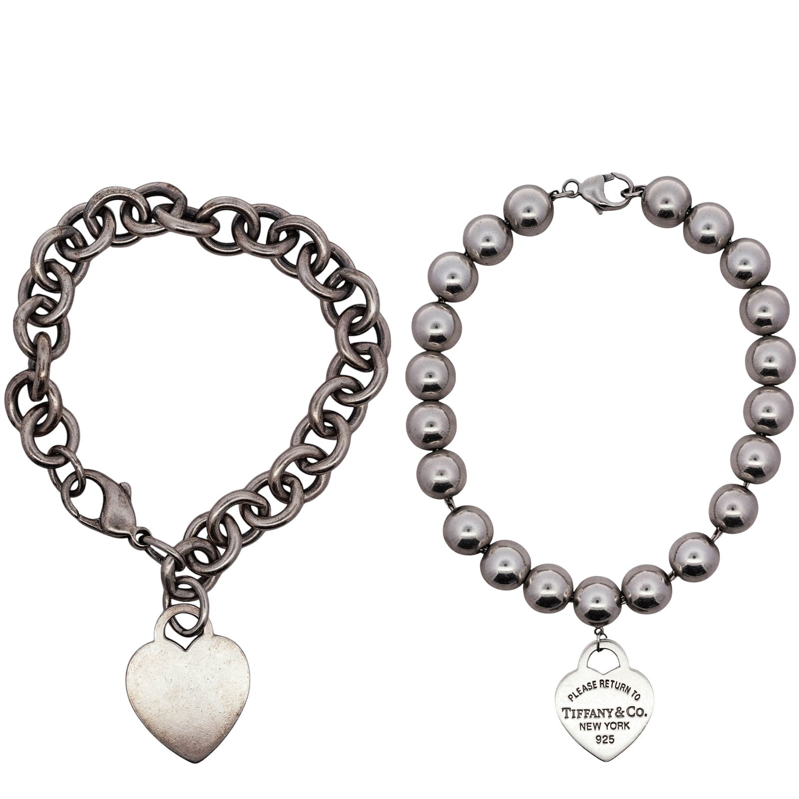 (2 pcs) Tiffany & Co. Sterling Silver Bracelets: (2 pcs) Tiffany & Co. Sterling Silver BraceletsLate 20th Century, USASet of two Tiffany & Co. sterling silver bracelets. One Tiffany Return To Tiffany ball bead bracelet with heart tag stamped “PLEA