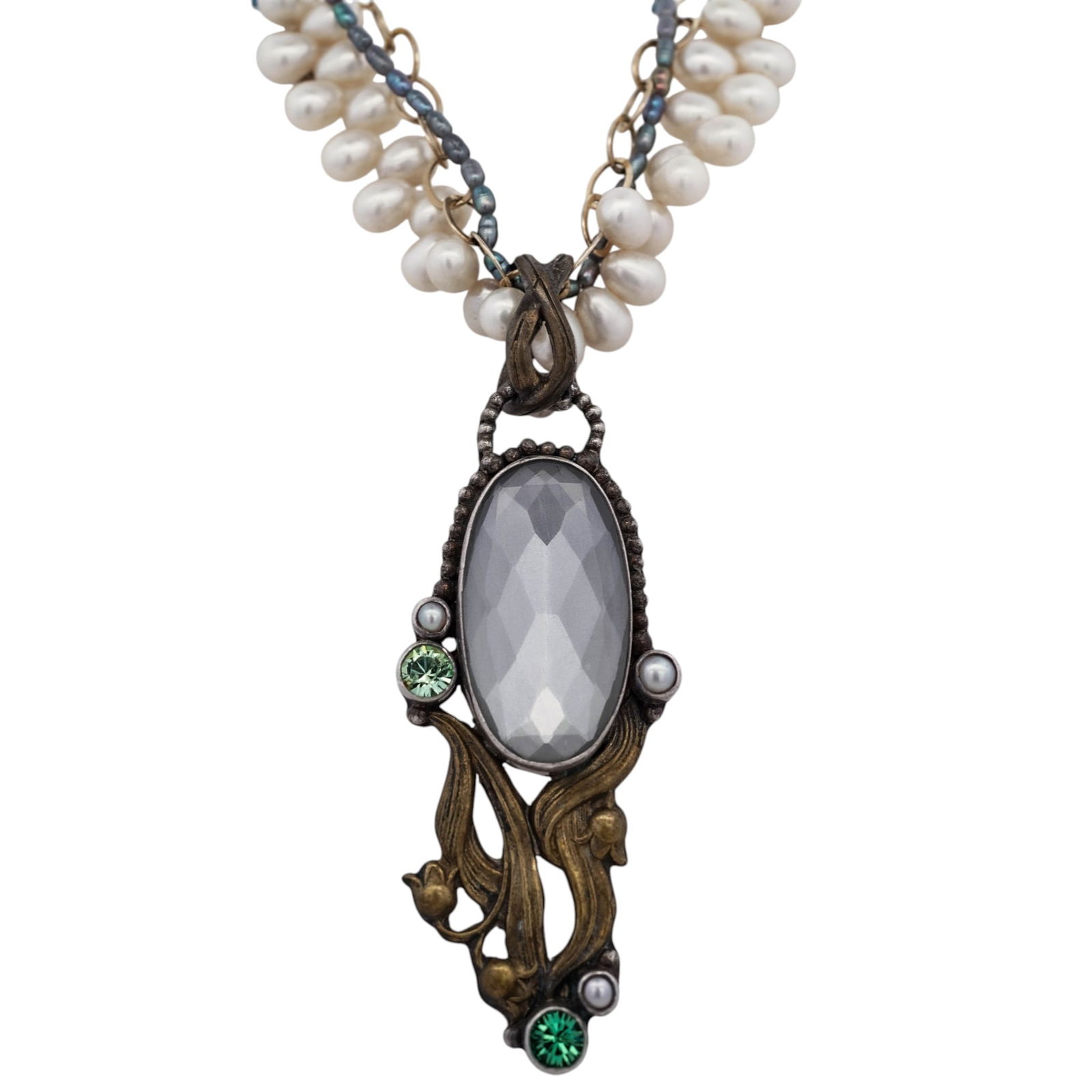 Mars & Valentine "Echo of the Dreamer" Sterling Silver Pearl & Crystal Necklace: Mars & Valentine "Echo of the Dreamer" Sterling Silver Pearl & Crystal NecklaceLate 20th Century - Early 21st Century, USAMars & Valentine “Echo of the Dreamer” multi-strand station piece comp