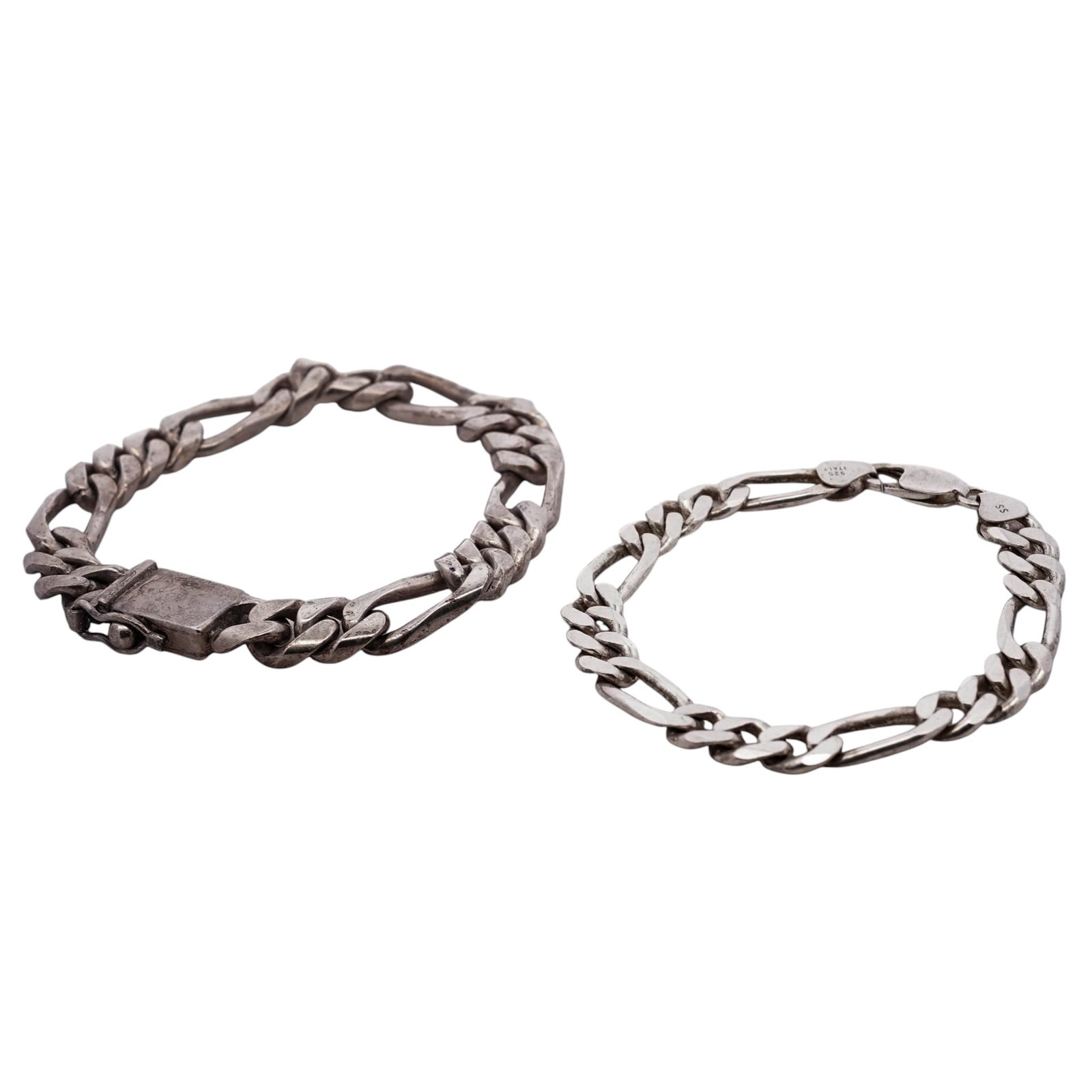 (2 pcs) Sterling Silver Figaro Link Bracelets: (2 pcs) Sterling Silver Figaro Link Bracelets1980s–1990s, Mexico and ItalySterling silver figaro link bracelets. One larger Mexican example with box clasp. One smaller Italian example with lobster c
