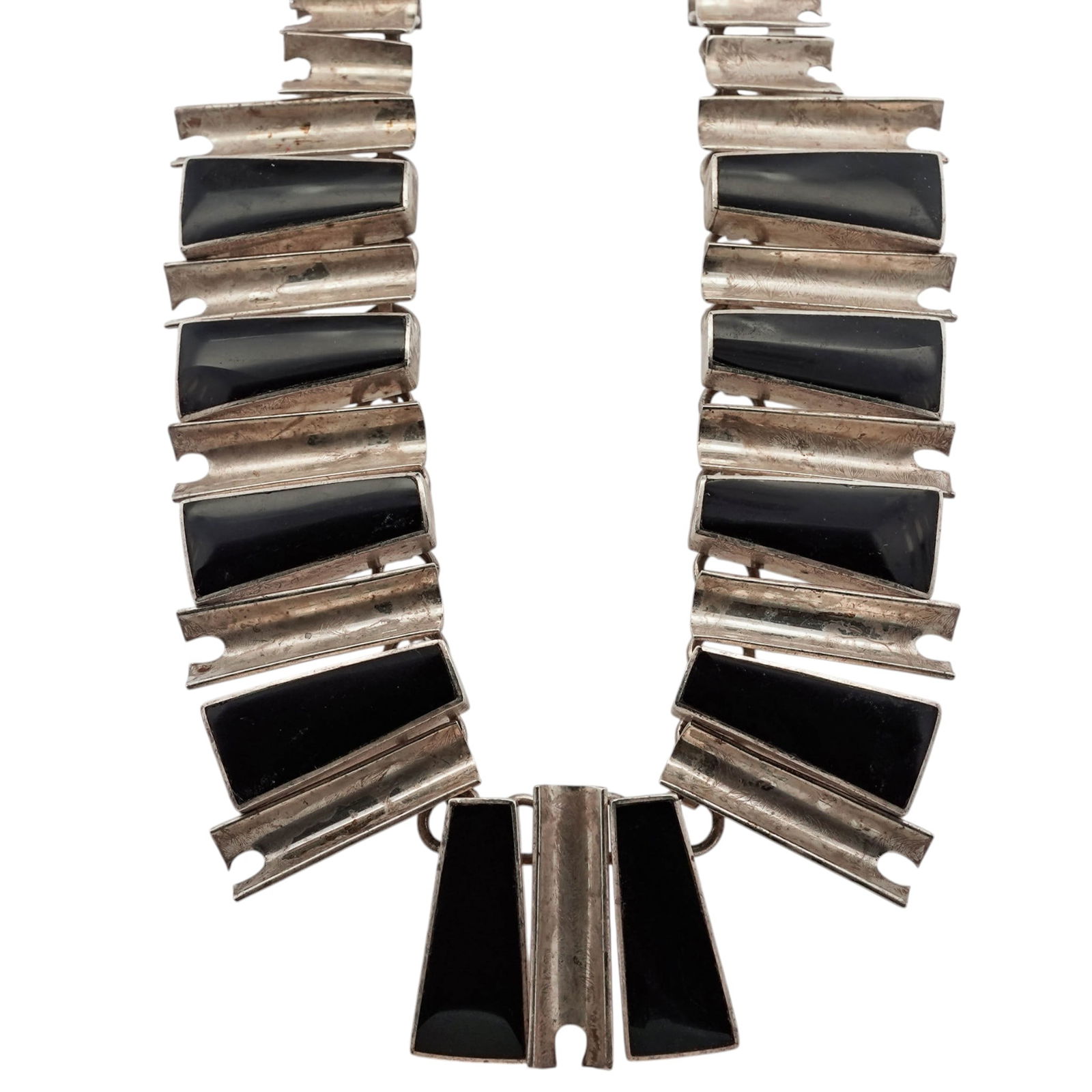 Vintage Mexican Sterling Silver & Onyx Modernist Necklace: Vintage Mexican Sterling Silver & Onyx Modernist NecklaceMid-20th century, MexicoVintage modernist sterling silver necklace composed of alternating geometric silver panels and polished black onyx inse