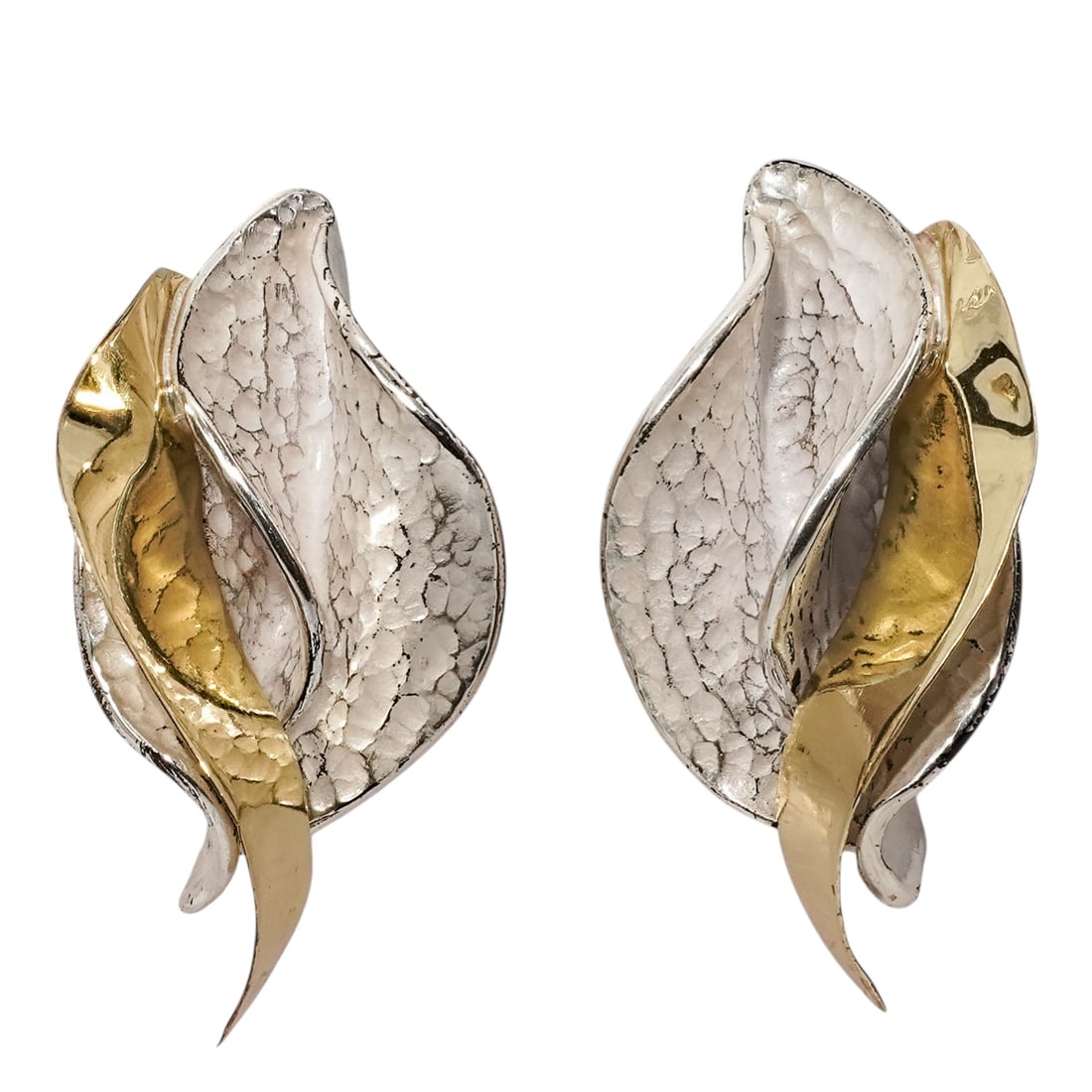 J. Gabriel 18K & Sterling Silver "Hammered Leaf" Earrings: J. Gabriel 18K & Sterling Silver "Hammered Leaf" Earrings1980s, USASculptural studio earrings by Janet Gabriel. The design features large, curved leaves with a distinctive hammered (martelé) texture