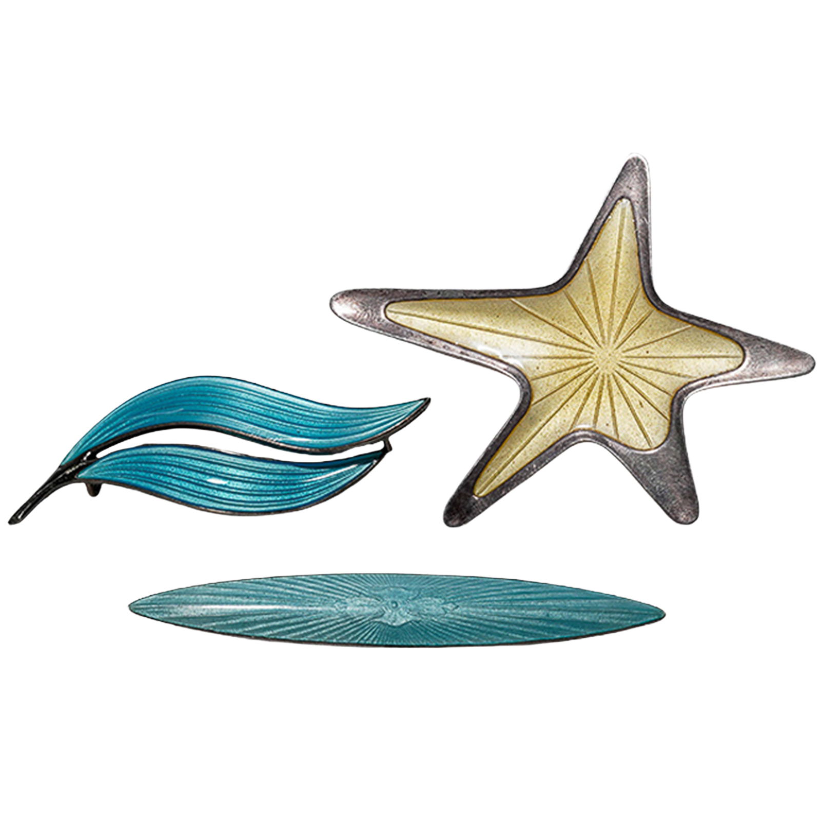 (3 pcs) Scandinavian Sterling Silver And Guilloche Brooches: (3 pcs) Scandinavian Sterling Silver And Guilloche BroochesMid 20th century, DanishSterling silver and guilloche brooches group including:(1) Yellow Starburst Brooch. Danish Modernist star brooch sign