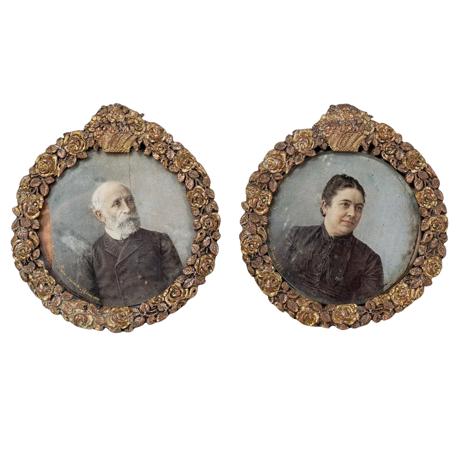 Pair Late Victorian Portraits, Marked "Roma 1890": Pair Late Victorian Portraits, Marked "Roma 1890"c. 1890, ItalianVictorian era portraits both signed "Roma 1890" . The wear on the floral relief shows a reddish-brown tone (copper) underneath the gold