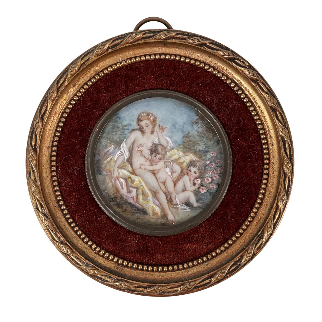Antique Signed Rococo Mini Bone Painting: Antique Signed Rococo Mini Bone PaintingLate 19th-early 20th century, FrenchAn antique miniature Rococo-style mythological scene painting on bone. Housed in a gilt wood frame. Painting is signed "Gris