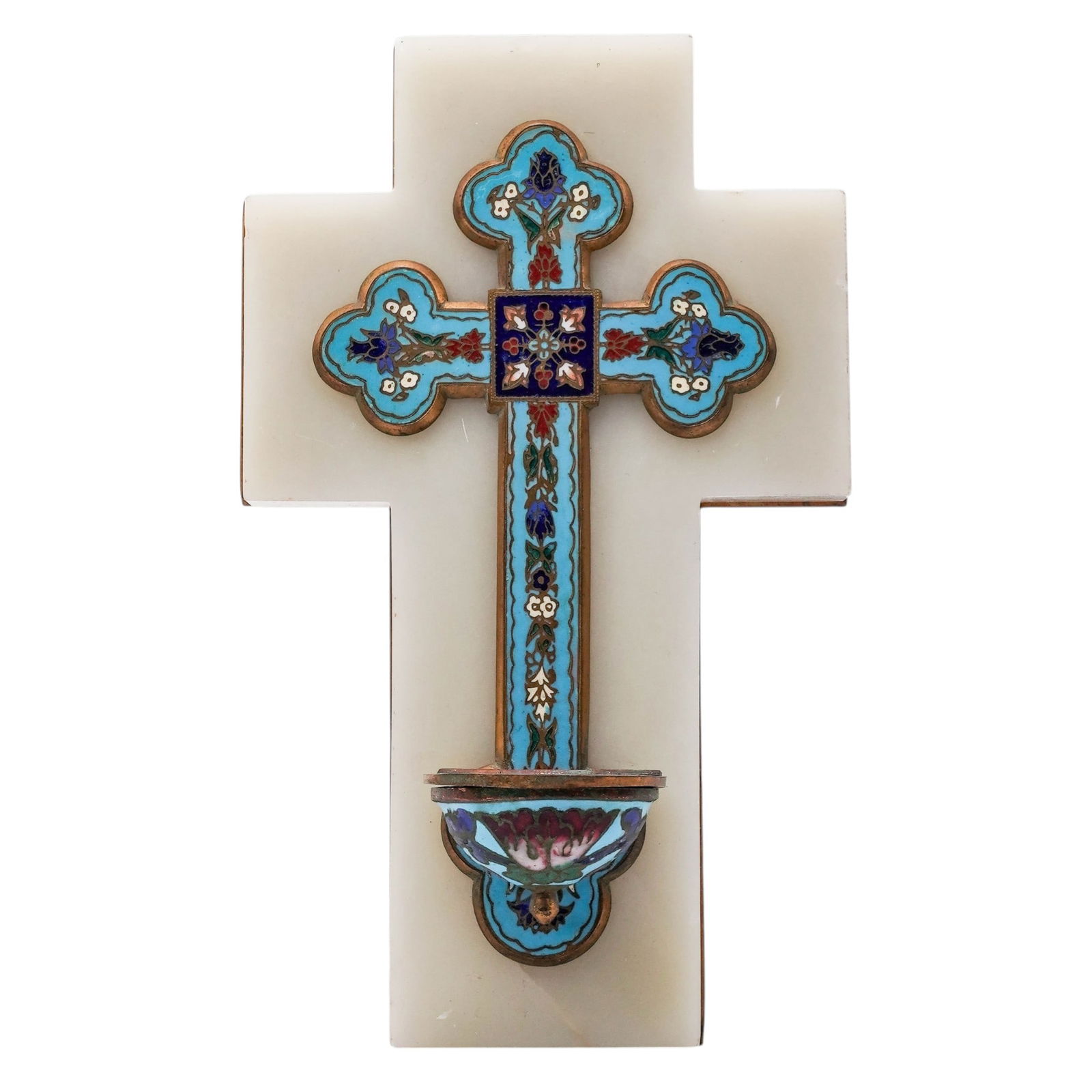 19th Cent. French Champleve and Onyx Holy Water Font: 19th Cent. French Champleve and Onyx Holy Water Font19th century, FrenchAn antique, 19th century, French champleve enameled holy water font affixed to a white onyx cross. Marked on verso at top with e