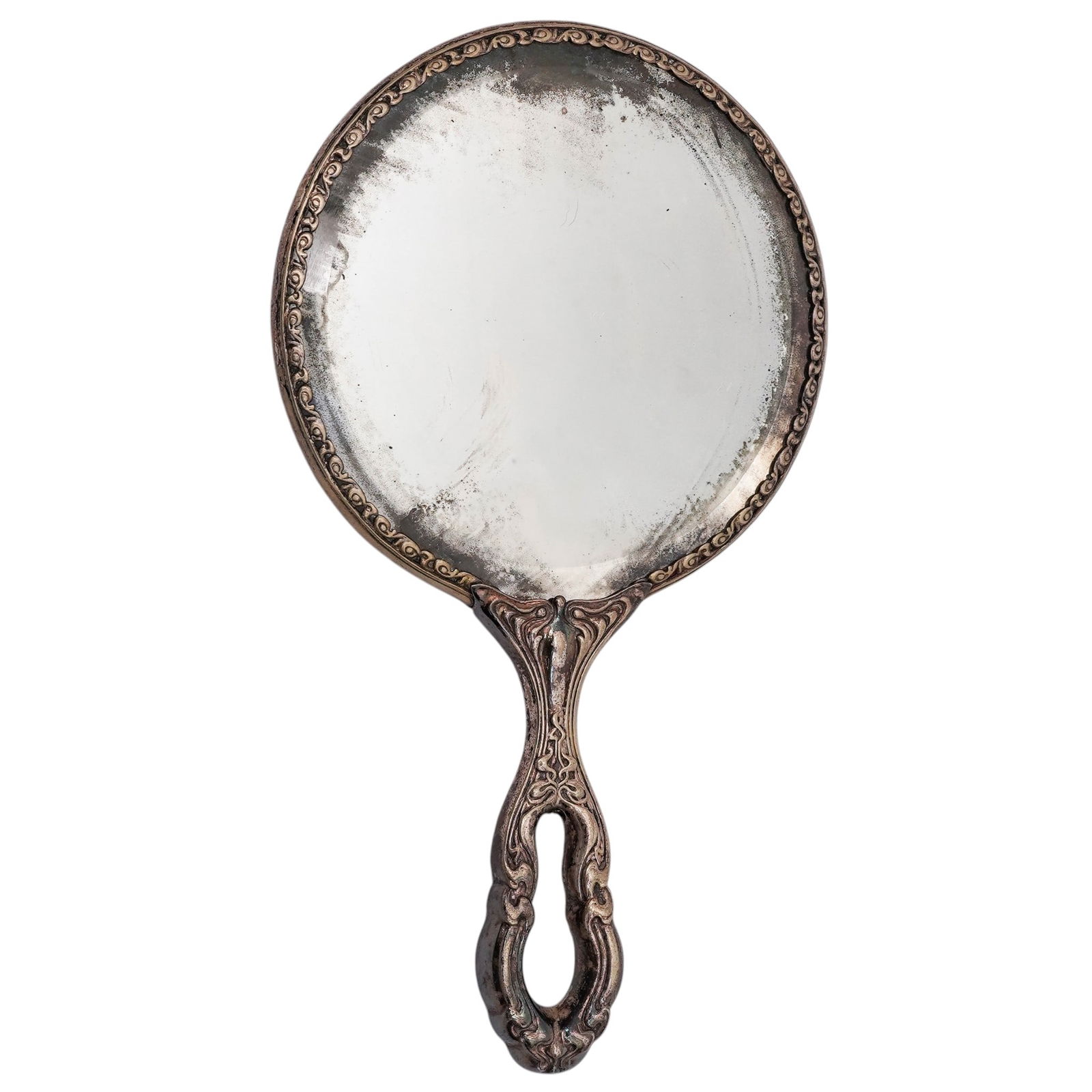 Antique Hand Painted Porcelain Vanity Mirror W/ Silver Overlay: Antique Hand Painted Porcelain Vanity Mirror W/ Silver OverlayLate 19th-Early 20th Century. Continental.Antique vanity porcelain mirror with hand painted portrait motif, and silver overlay decorations