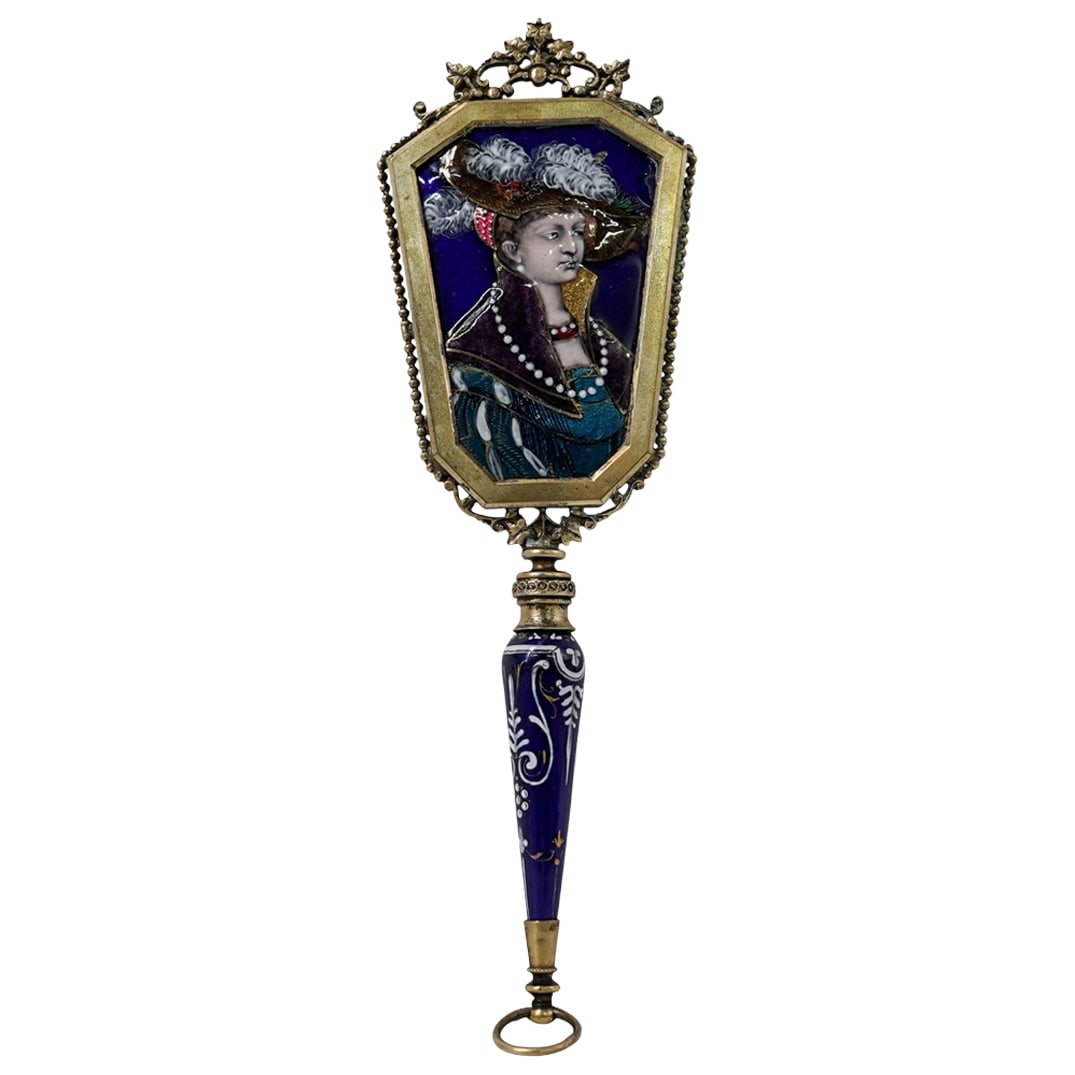 Antique French Limoges Style Enamel Gilt Bronze Vanity Mirror: Antique French Limoges Style Enamel Gilt Bronze Vanity MirrorEarly 20th Century. France.Antique French Limoges Style enameled gilt bronze Vanity Mirror. Designed with a gilt bronze frame, and embellis