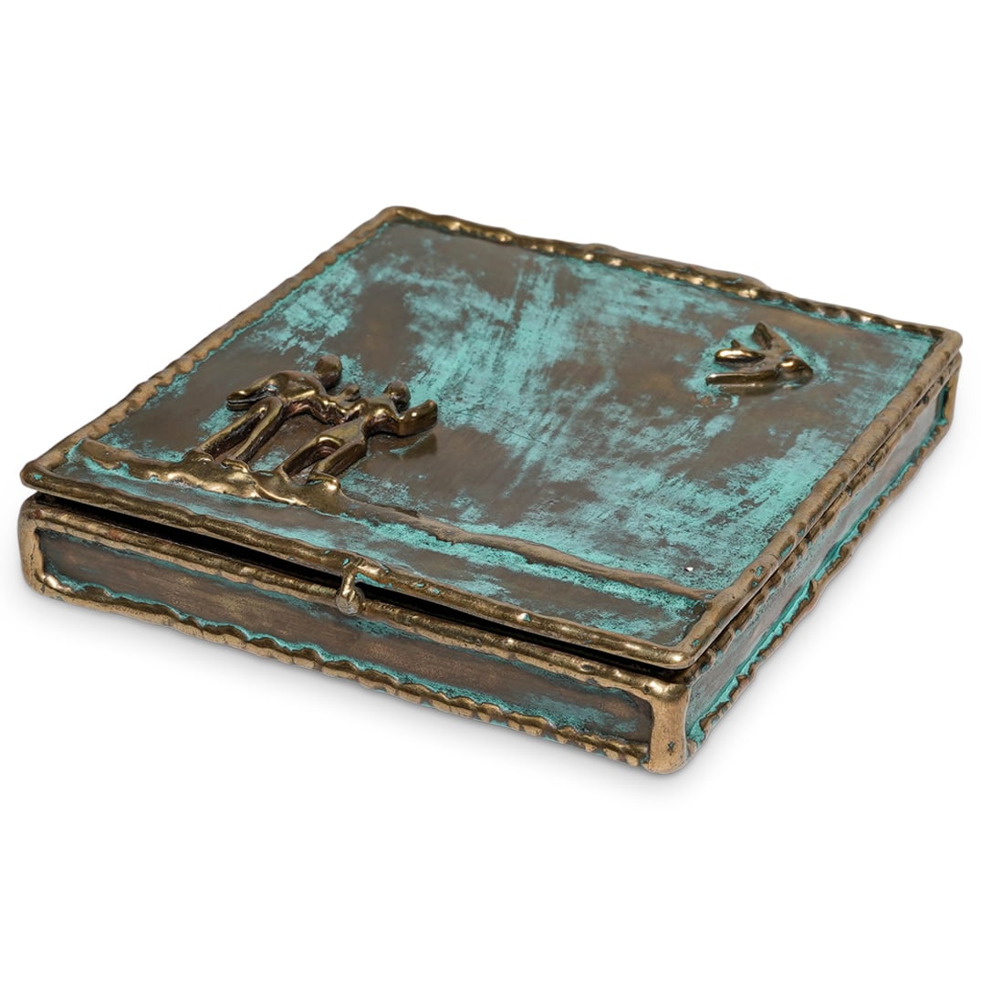 R. Cervantes Mexican Bronze Hinged Cigarette Case: R. Cervantes Mexican Bronze Hinged Cigarette Case20th Century. Mexico.Mexican bronze hinged cigarette case designed with a semi relief figurative scene on the lid depicting a male and female figures,