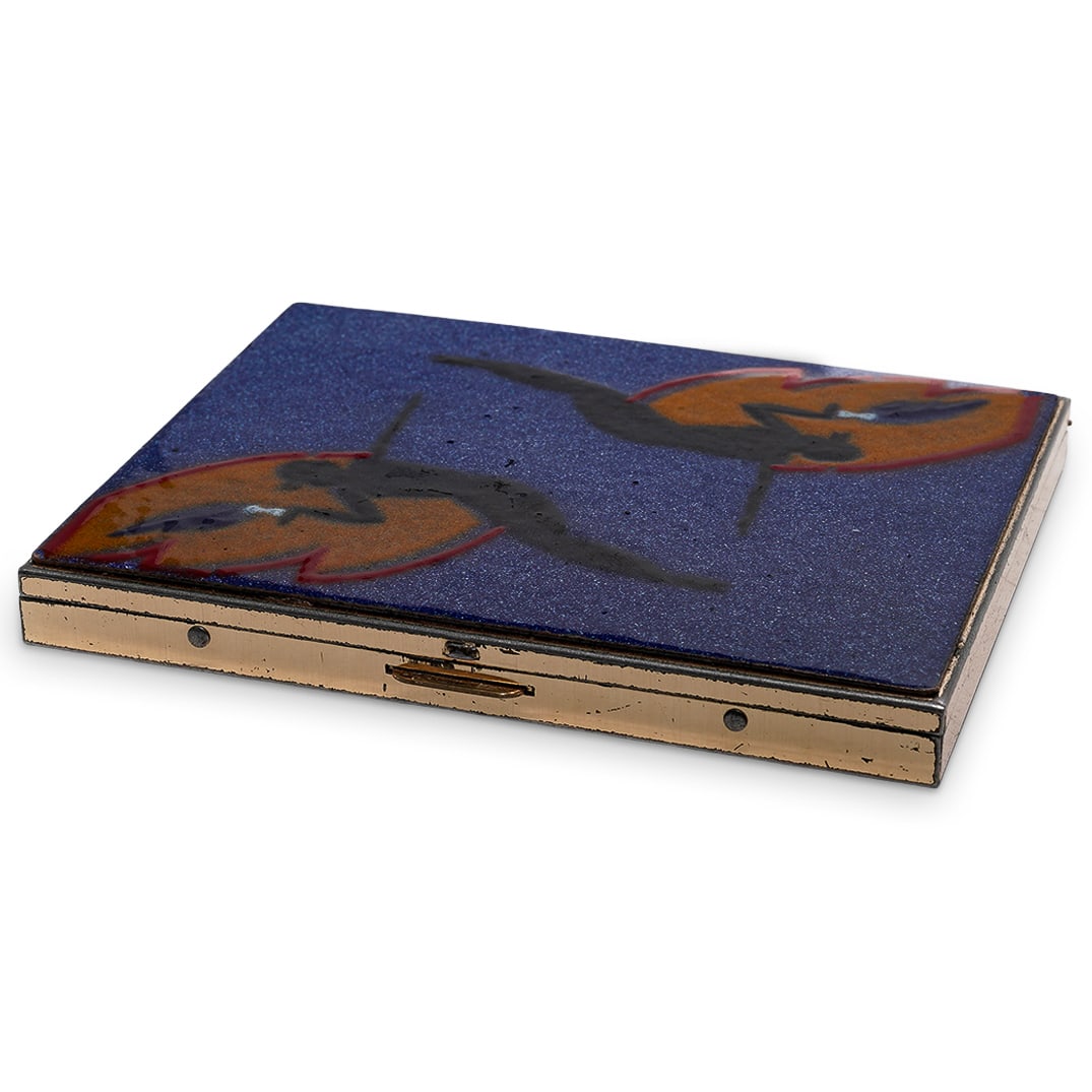 Enameled Gilt Metal Cigarette Case: Enameled Gilt Metal Cigarette Case20th Century, Continental.Enameled cigarette hinged case designed with gilt metal rectangular case decorated with a figural enameled scene on the lid.W: 3" D: 3 7/8".
