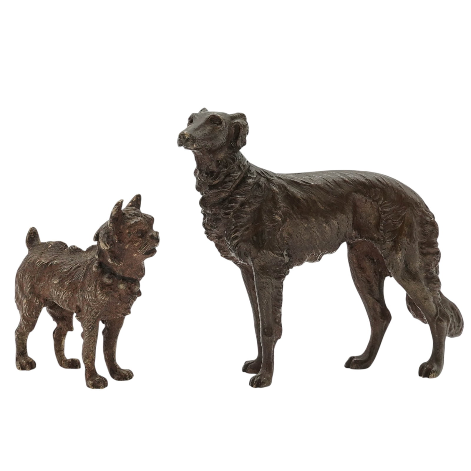 (2 Pcs) Antique Miniature Bronze Dog Figurines: (2 Pcs) Antique Miniature Bronze Dog FigurinesLate 19th- early 20th centuryAntique cast bronze highly detailed figurines. The smaller depicts a terrier and the larger depicts a Borzoi dog, also known