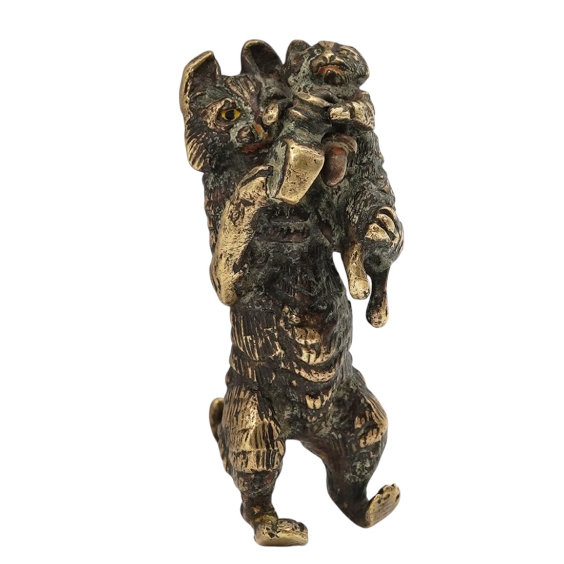 Antique Vienna Bronze Mother Cat: Antique Vienna Bronze Mother CatEarly 20th century, AustrianAntique cast bronze whimsical figurine depicting a mother cat holding her kitten with a bottle.H: 1.85" x W: 1" x L: 0.75"