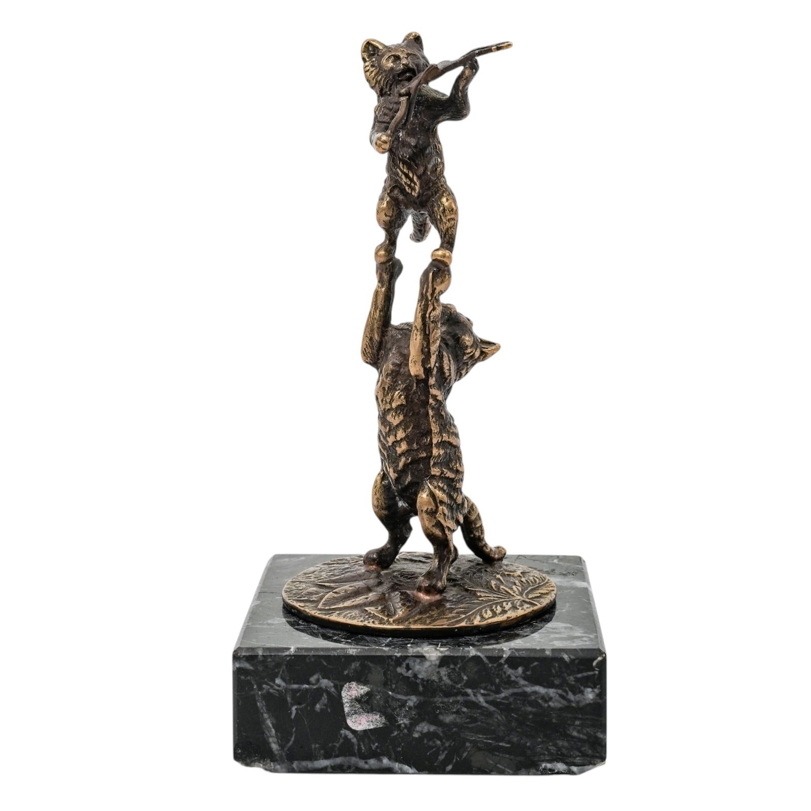Whimsical Fiddling Cats Bronze Figurine: Whimsical Fiddling Cats Bronze Figurine20th centuryPatinated cast bronze figurine depicting two cats in an acrobatic pose, with one balancing on the paws of the other while playing a violin/fiddle. It