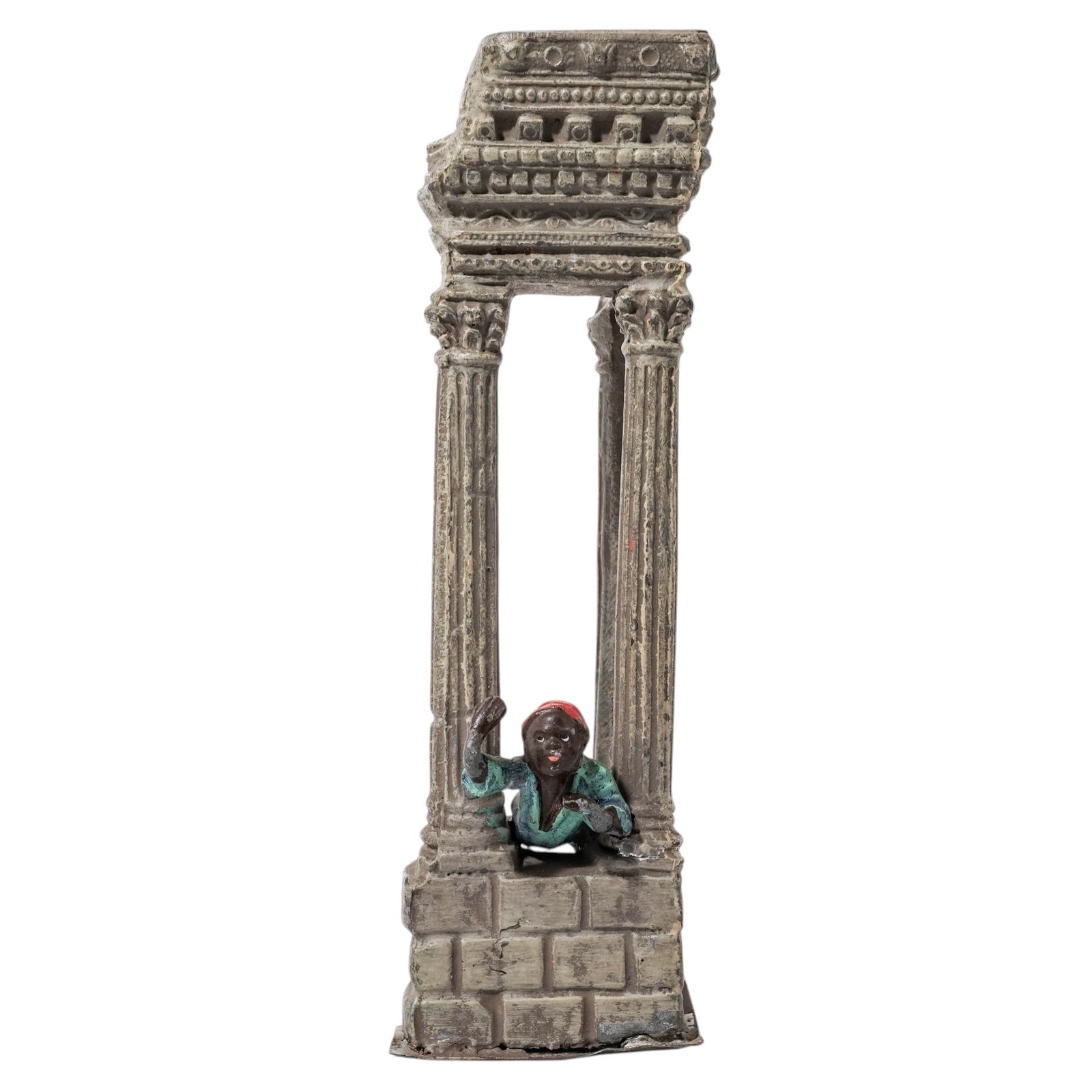 Antique Austrian Cold Painted Bronze Orientalist Figurine: Antique Austrian Cold Painted Bronze Orientalist FigurineLate 19th- early 20th century, AustrianAntique cold-painted bronze orientalist figurine depicting a person positioned among the ruins of ancien