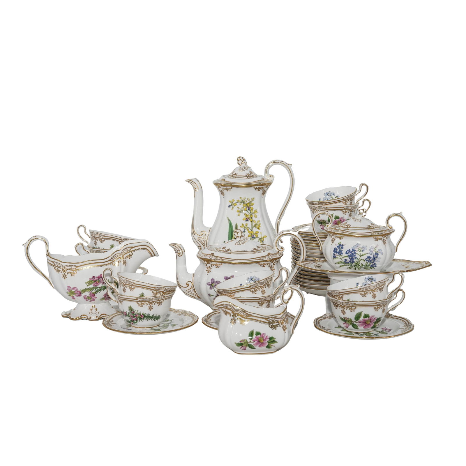 (41 pcs) Spode "Stafford Flowers" Porcelain Tea Set: (41 pcs) Spode "Stafford Flowers" Porcelain Tea SetEnglishSpode Porcelain tea service set, in the "Stafford Flowers" pattern. Each piece is marked on the underside "Spode, Fine Bone China, England, Y8