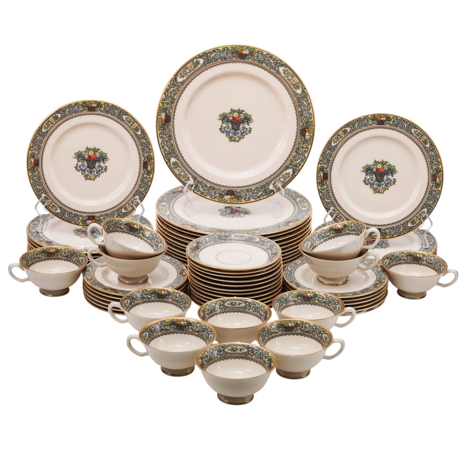 (59 Pc) Lenox Porcelain "Autumn" Dinnerware Service Set: (59 Pc) Lenox Porcelain "Autumn" Dinnerware Service Set20th Century, USA.(59 Pc) Lenox porcelain dinnerware service set in the "Autumn" pattern, depicting floral, fruit and blue scrolls. Marked with L