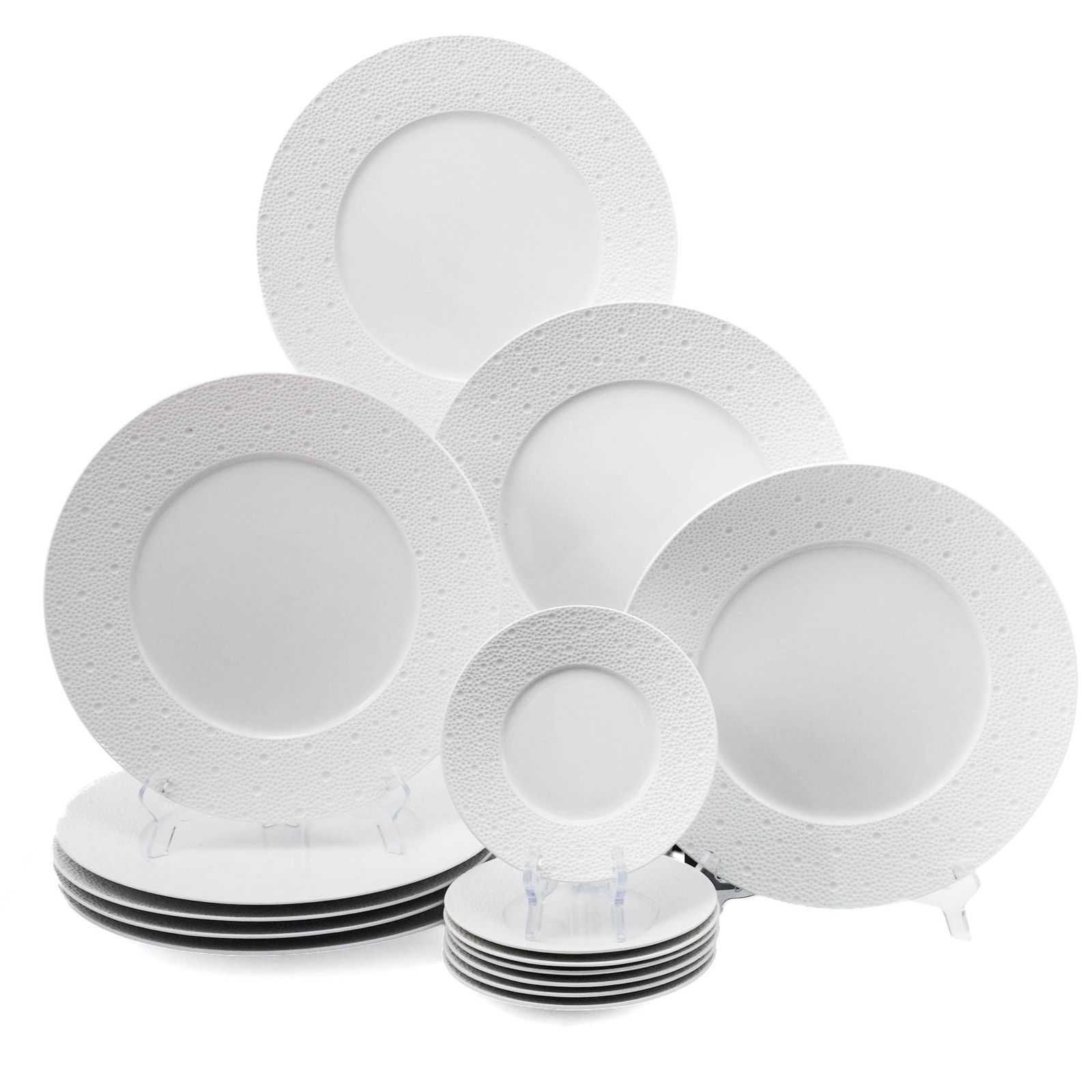 (15 Pc) Bernardaud 'Ecume' Porcelain Plates: (15 Pc) Bernardaud 'Ecume' Porcelain Plates21st Century, France.(15 Pc) Bernardaud 'Ecume' porcelain plates set. In all white porcelain, with textured rim. In the "Ecume" pattern by Bernardaud. Includ