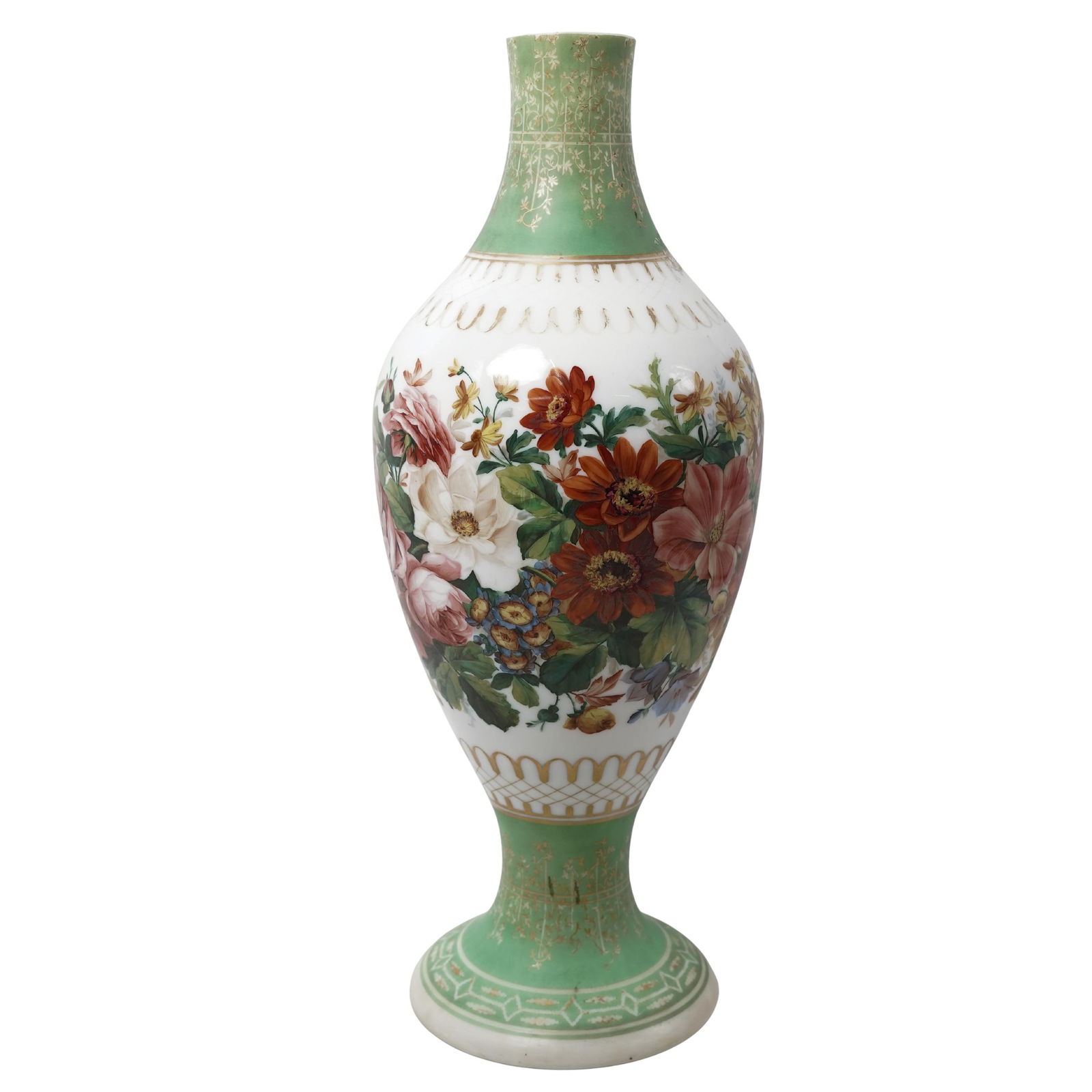 Antique French Enameled Opaline Glass Table Lamp Base: Antique French Enameled Opaline Glass Table Lamp Base19th century, FrenchThis is a 19th-century French enameled opaline glass lamp base, featuring elaborate hand-painted floral bouquets and gilded acc