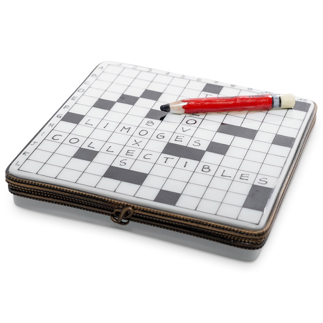 Limoges Porcelain 'Crossword' Puzzle Trinket Box: Limoges Porcelain 'Crossword' Puzzle Trinket Box1980s, France.Limoges porcelain 'Crossword' square trinket box. Signed on the underside 'BRC Limoges France Peint Main'.W: 3 1/4" D: 3 1/8".