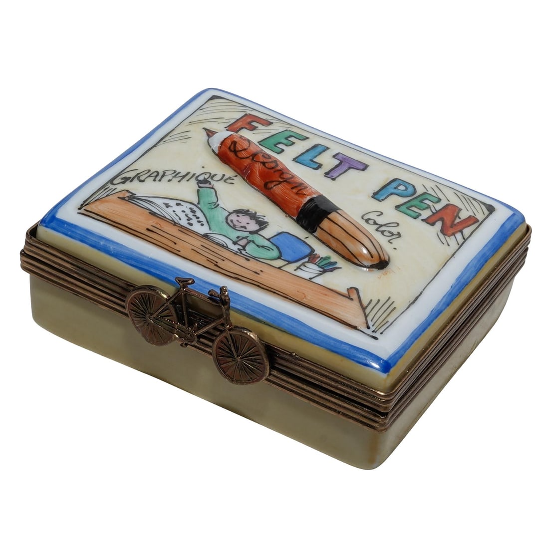 Limoges Hand Painted Porcelain Trinket Box: Limoges Hand Painted Porcelain Trinket Box20th Century, France.Limoges porcelain trinket box depicting felt pens. Marked "Limoges RM Peint Main France".W: 2 1/8" D: 1 7/8".
