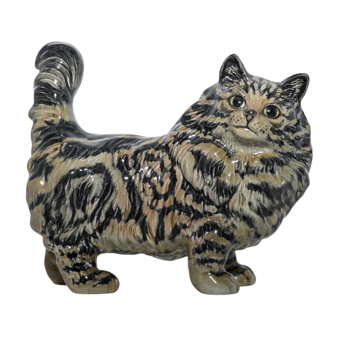 Beswick Porcelain "Grey Swiss Roll" Persian Cat: Beswick Porcelain "Grey Swiss Roll" Persian Cat1964, EnglandBeswick porcelain cat, created by Albert Hallam in 1964-1966. Pattern "Grey Swiss Roll" characterized by its distinctive grey and black swir