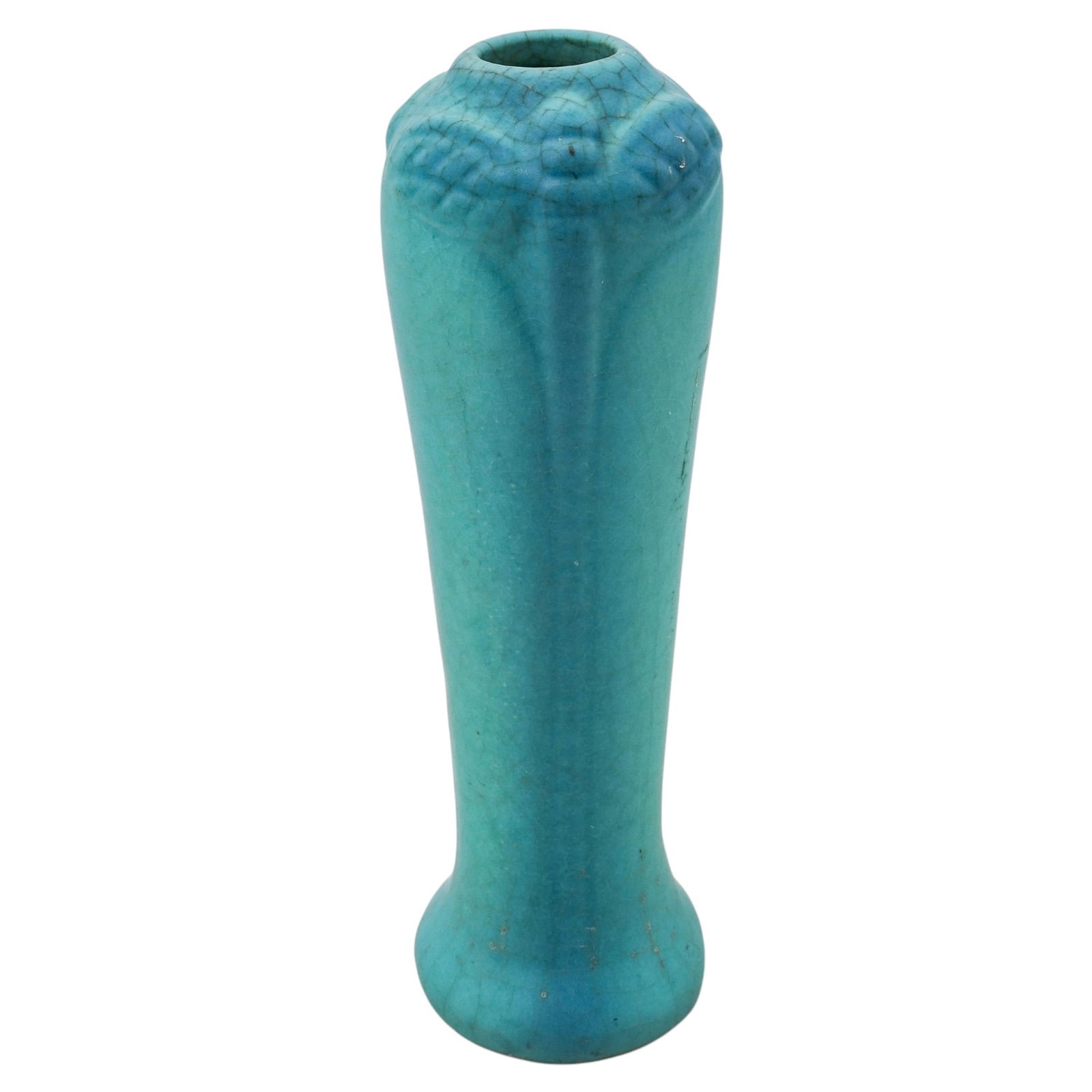 Van Briggle Pottery Dragonfly Vase: Van Briggle Pottery Dragonfly Vasecirca 1920s, AmericanArts and Crafts style elongated vase with a narrow rim and rounded top that tapers downward and flares slightly at the base. Embossed dragonflies