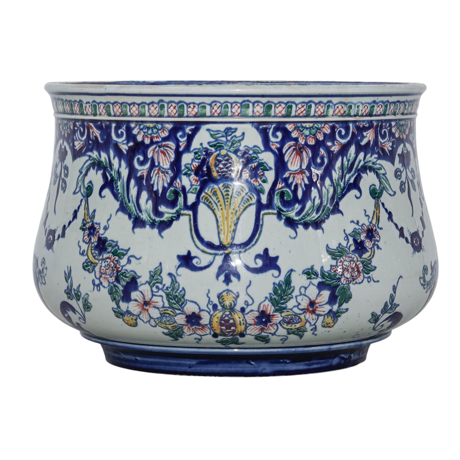 19th Cent. French Faience Cache Pot: 19th Cent. French Faience Cache PotLate 19th century, FrenchThis 19th-century French faience cache pot is hand-painted with a vibrant "lambrequin" (scalloped) motif in a traditional palette of cobalt