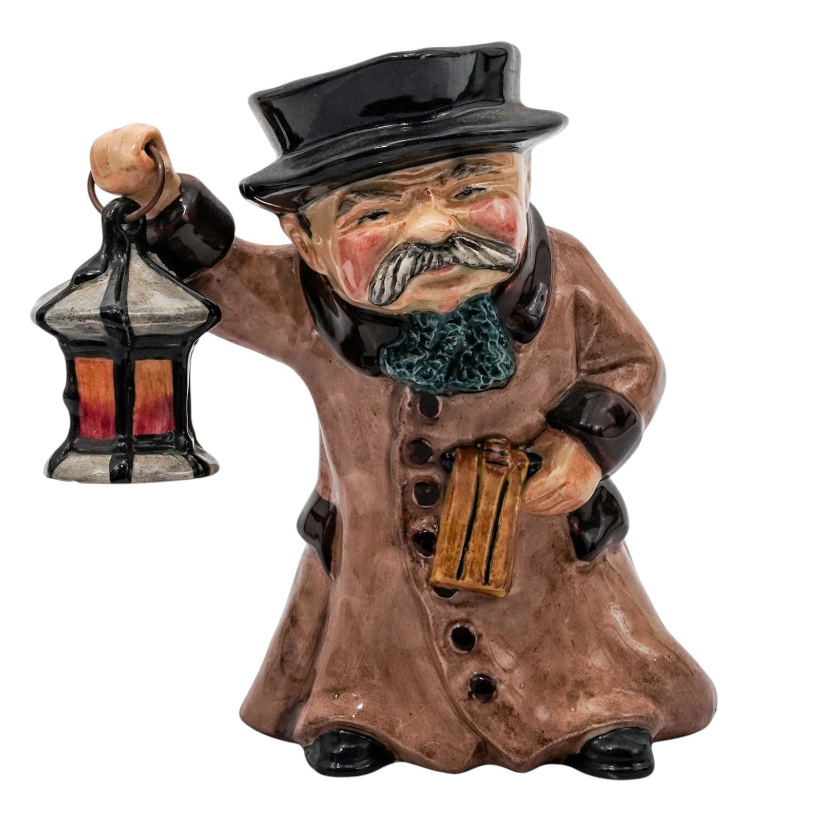 Roy Kirkham "Night Watchman" Toby Jug: Roy Kirkham "Night Watchman" Toby Jug20th century, EnglishCollectible ceramic "Night Watchman" Toby character jug made in Staffordshire, England. It depicts a man wearing a black hat and a tan coat, h