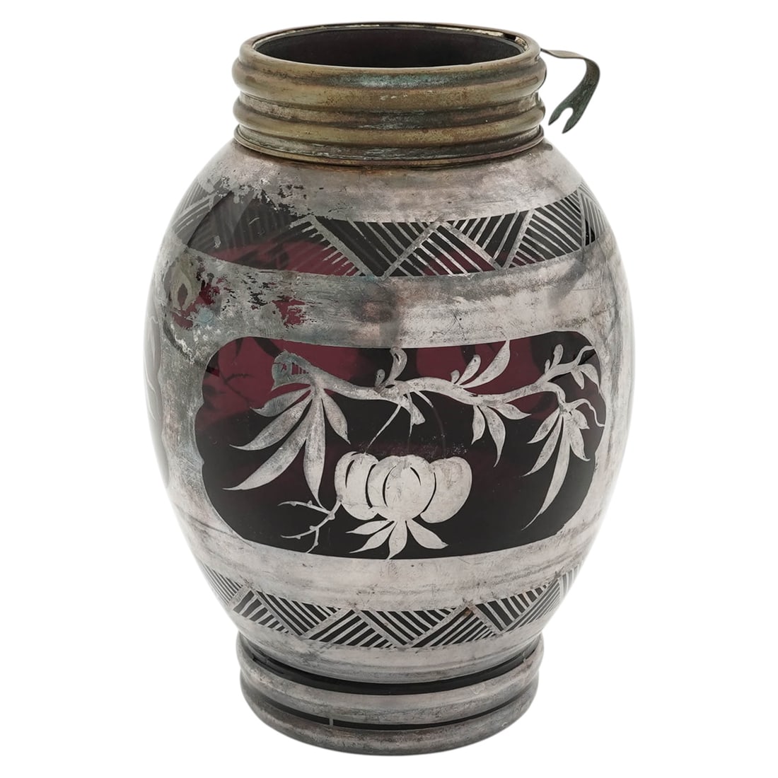 Art Nouveau Cranberry Glass & Silver Overlay Vase: Art Nouveau Cranberry Glass & Silver Overlay Vase1890-1910, USAThis piece features characteristic Art Nouveau motifs on cranberry glass, including sprawling botanical designs, geometric lattice-style