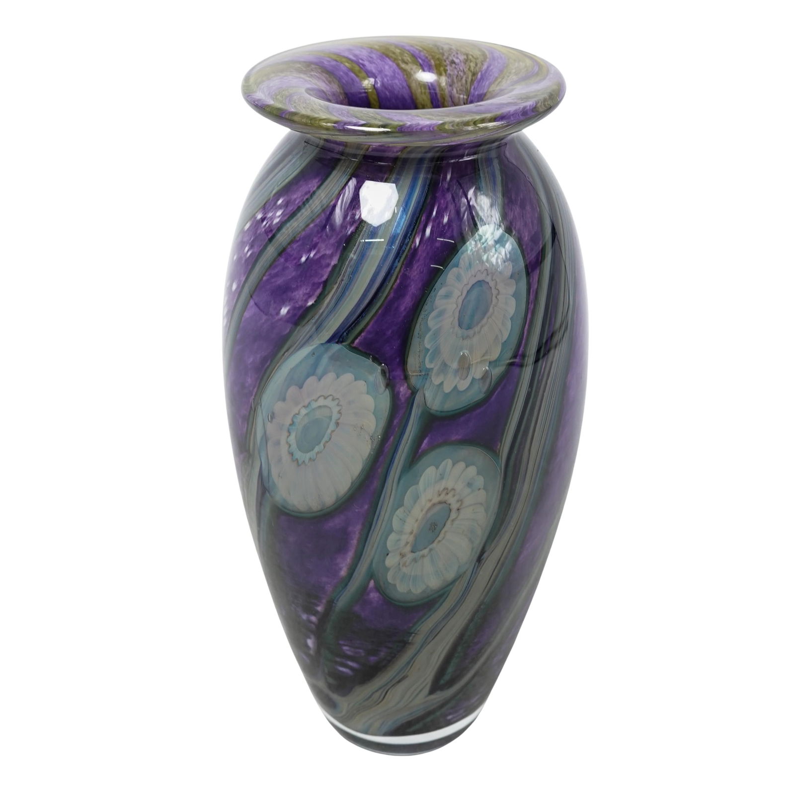 Robert Eickholt "Seascape" Art Glass Vase: Robert Eickholt "Seascape" Art Glass Vase2007, AmericanThe vase features vibrant purple glass decorated with distinct, light-colored circular "anemone" shapes and vertical light-blue or green stripes.