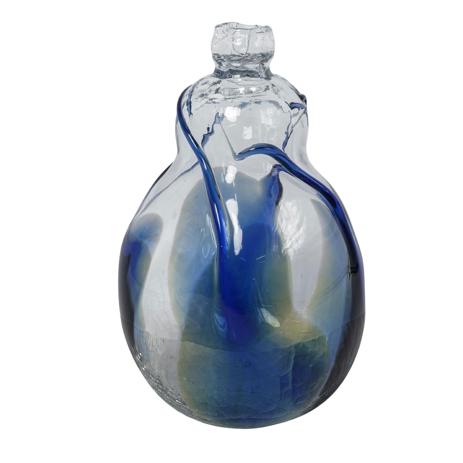 Peter Bramhall Crystal Crackle Bottle Form Vase: Peter Bramhall Crystal Crackle Bottle Form Vase1985, AmericanThe piece features a distinct bulbous 'bottle' shape with internal colored glass strands in shades of cobalt blue and amber. A signature el