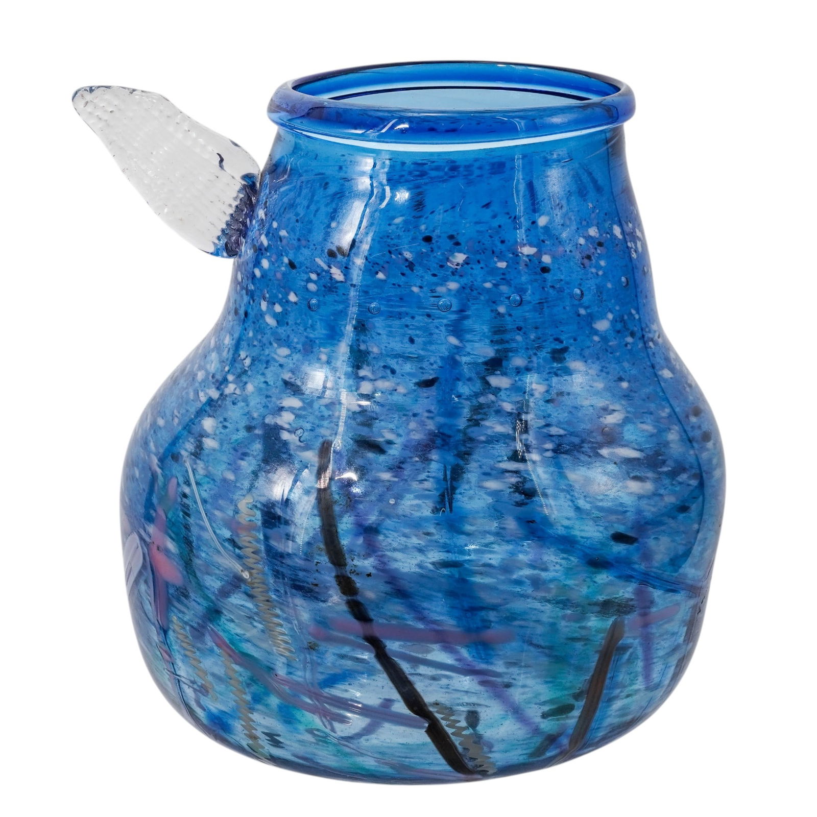 Bruce Pizzichillo & Dari Gordon Art Glass Vase: Bruce Pizzichillo & Dari Gordon Art Glass Vase1991, AmericanHand-blown art glass vase featuring a vibrant blue body with intricate abstract patterns, including white confetti-like speckles, colored st
