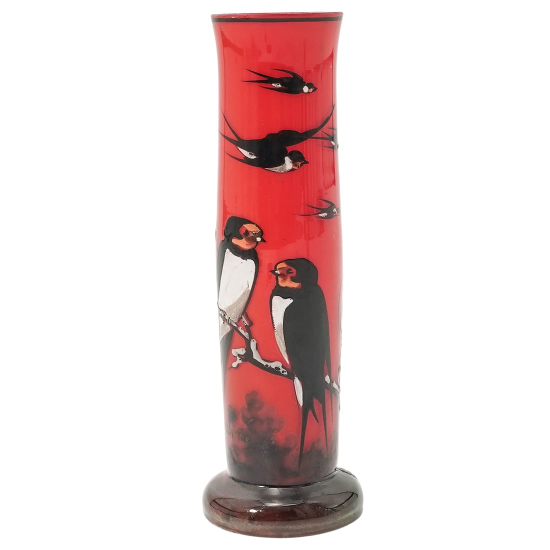 Vintage Art Glass Bird Vase: Vintage Art Glass Bird VaseMid- late 20th centurySmall red art glass vase featuring hand-painted birds perched on branches and in flight.H: 5.5" x Diameter: 1.75"