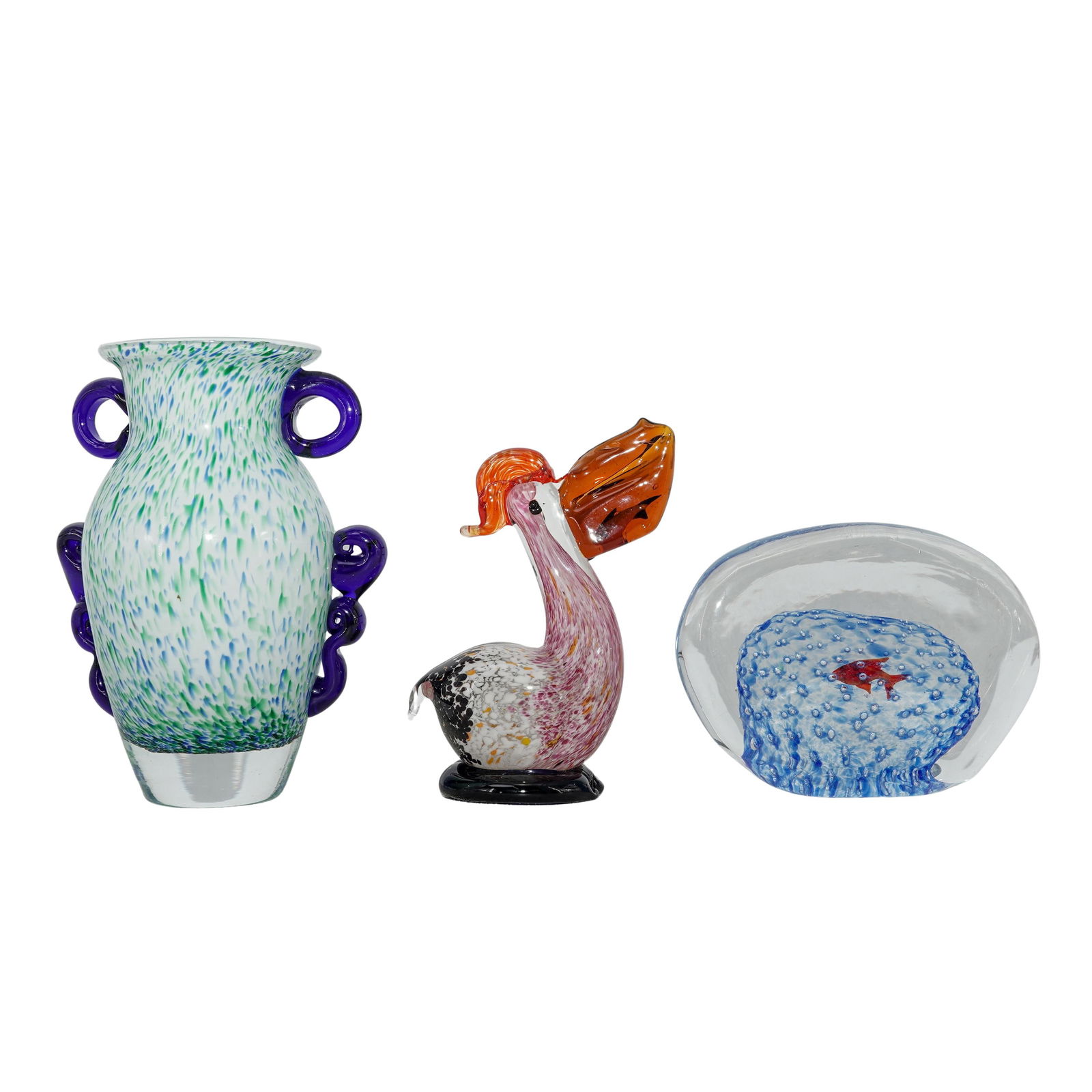 (3 pcs) Vintage Murano Hand Blown Glass Group: (3 pcs) Vintage Murano Hand Blown Glass GroupMid 20th century, ItalianVintage Murano hand-blown glass collection comprising:(1) Vintage Murano Art Glass "Aquarium" Paperweight: A clear glass sculpture