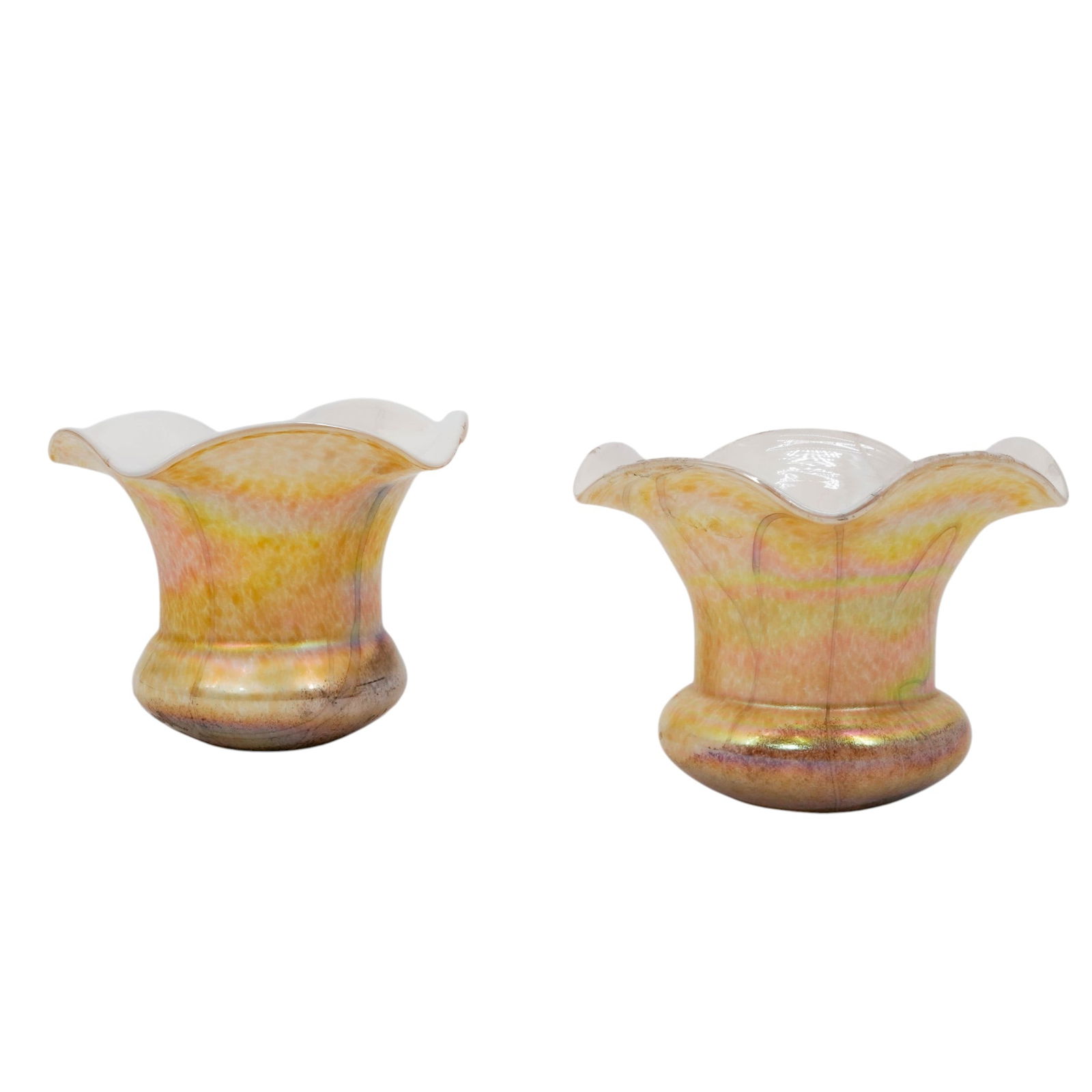 Pair Of Antique Gold Iridescent Art Glass Lamp Shades: Pair Of Antique Gold Iridescent Art Glass Lamp ShadesEarly to mid 20th centuryThis is an antique pair of gold iridescent art glass lamp shades featuring a classic ruffled or fluted brim. They are fini