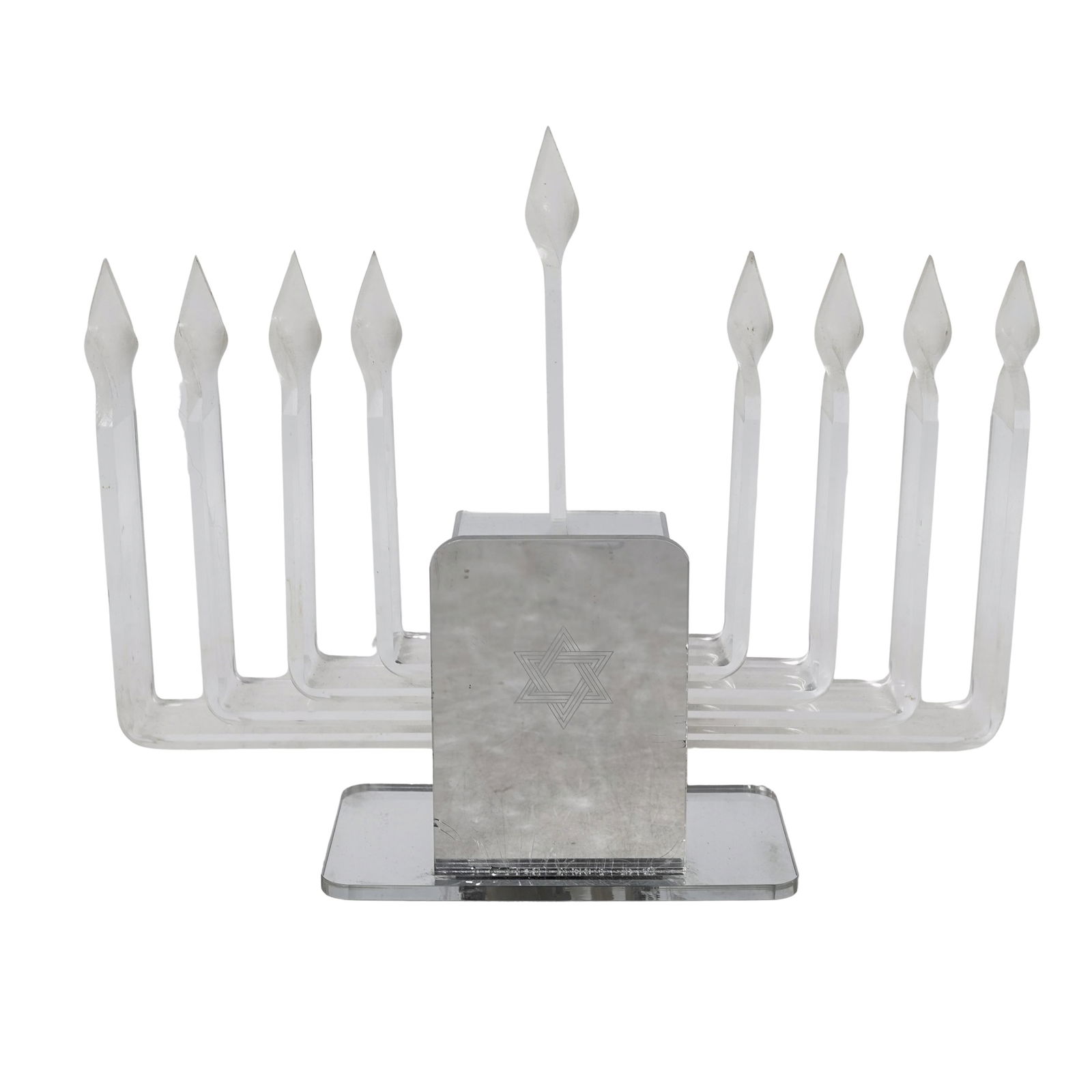Vintage Lucite Electric Menorah: Vintage Lucite Electric MenorahMid 20th centuryThis vintage mid-century modern electric acrylic menorah is a striking example of Lucite Judaica. It features nine tapered clear Lucite branches topped w