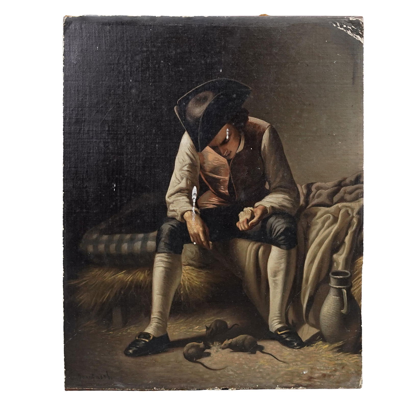 19th Century Signed Oil On Canvas On Board Genre Painting: 19th Century Signed Oil On Canvas On Board Genre PaintingLate 19th- early 20th century, EuropeanThis compelling 18th-century style genre painting captures a poignant moment of poverty and companionshi