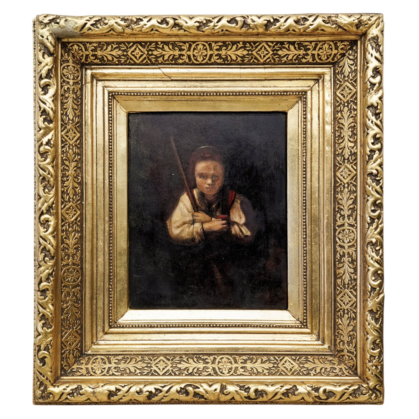 Manner of Rembrandt "A Girl with a Broom" Oil on Board: Manner of Rembrandt "A Girl with a Broom" Oil on BoardEarly 20th century, EuropeanAn early 20th century oil on canvas painting in the manner of Rembrandt's (Dutch, 1606-1669) painting "A Girl with a B