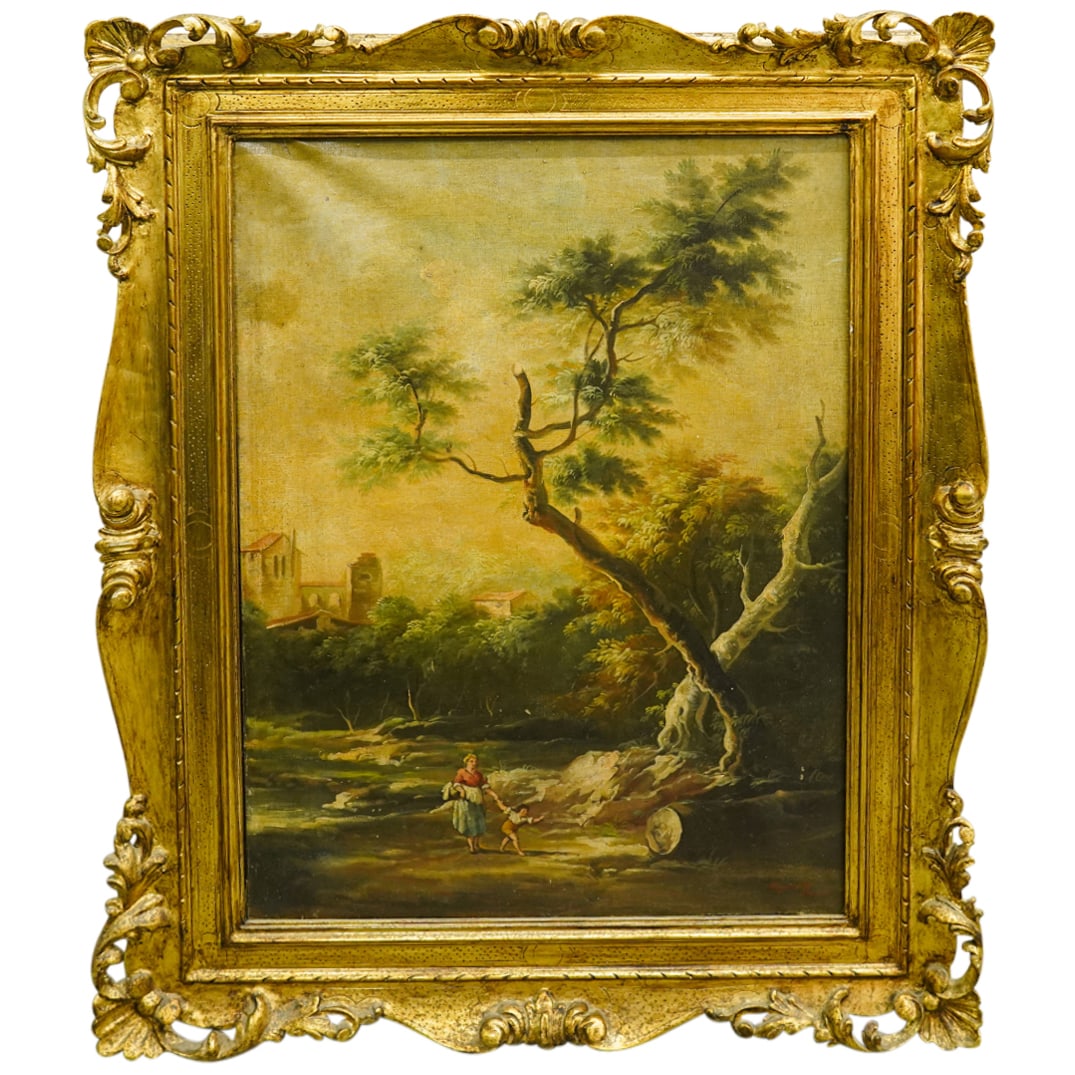 Member Of Gandalfi Family Riverside Scene Oil On Canvas: Member Of Gandalfi Family Riverside Scene Oil On Canvas19th Century, ItalyAntique oil on board painting by a member of the Gandalfi family of the Bolognese school of artists depicting a woman and her