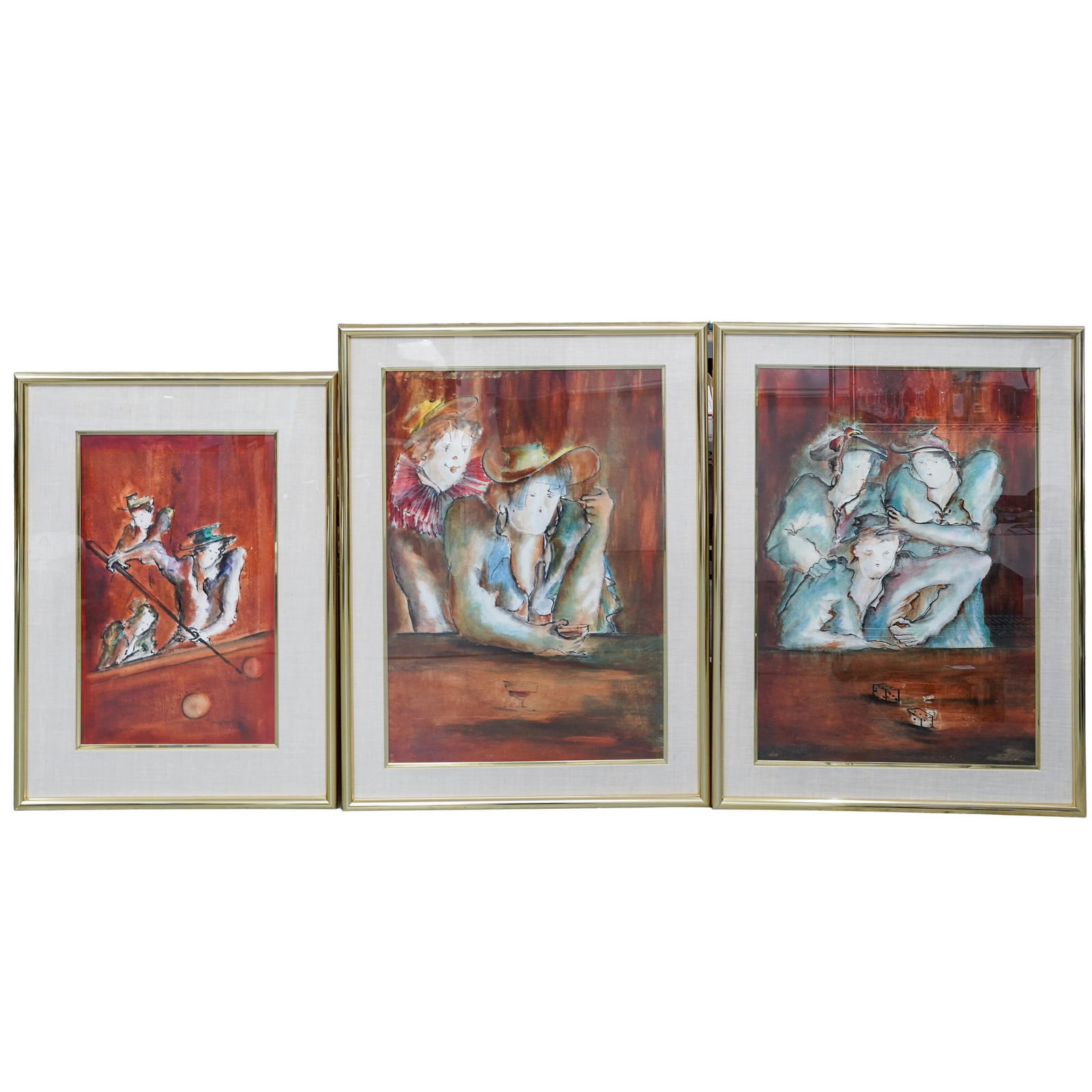 (3 pcs) Jaime Guevara (Colombia, b. 1954) Triptych Oil On Board Painting: (3 pcs) Jaime Guevara (Colombia, b. 1954) Triptych Oil On Board Painting20th century, ColombianThe triptych comprises;(1) "Jugadores" depicting playing billiard. Signed "Jaime Guevara" lower right.(1)