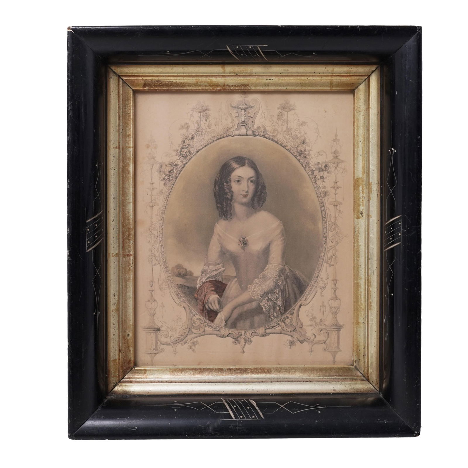 William Powell Frith (British, 1819-1909) "The Sunflower" Print: William Powell Frith (British, 1819-1909) "The Sunflower" PrintEarly- mid 20th century, EnglishHand-colored print titled "The Sunflower" depicting a portrait of a woman in elegant attire with an intri