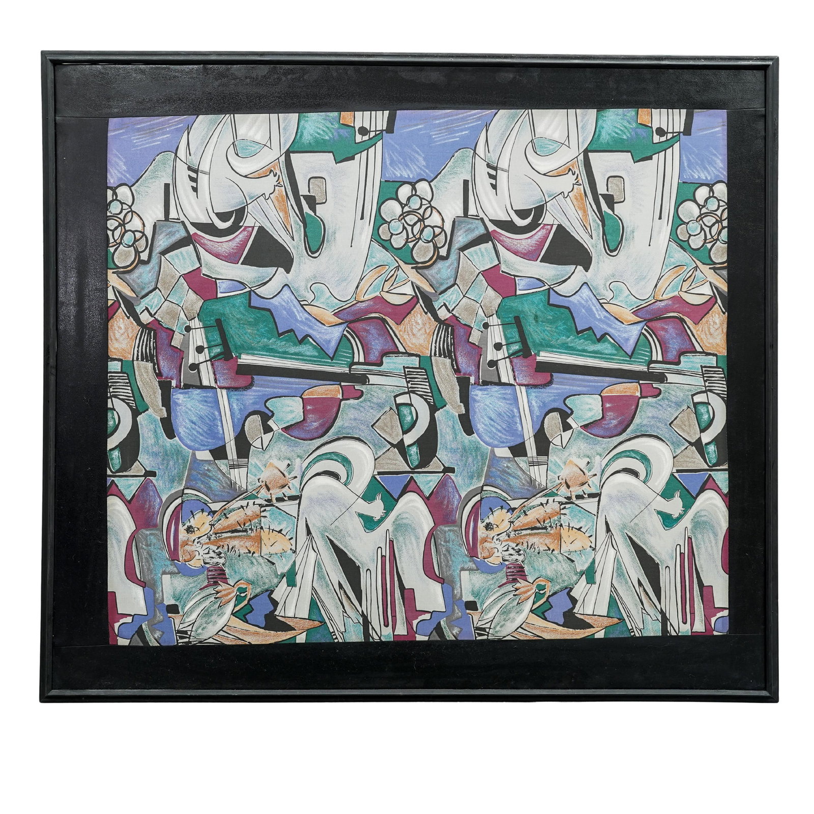 Surrealistic Mixed Media on Fabric: Surrealistic Mixed Media on Fabric20th centuryA surrealistic abstract mixed media composition on fabric and and a leather material. Main panel is stitched to smaller border panels. Unsigned. Black woo