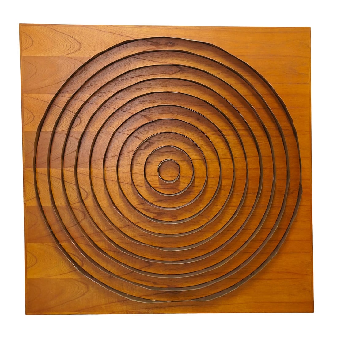 MCM Copper and Wood Wall Art: MCM Copper and Wood Wall ArtMid 20th century, ContinentalA mid-century modern copper and wood circular wall mounted art piece.47 1/4" x 47 1/4" depth of 3"