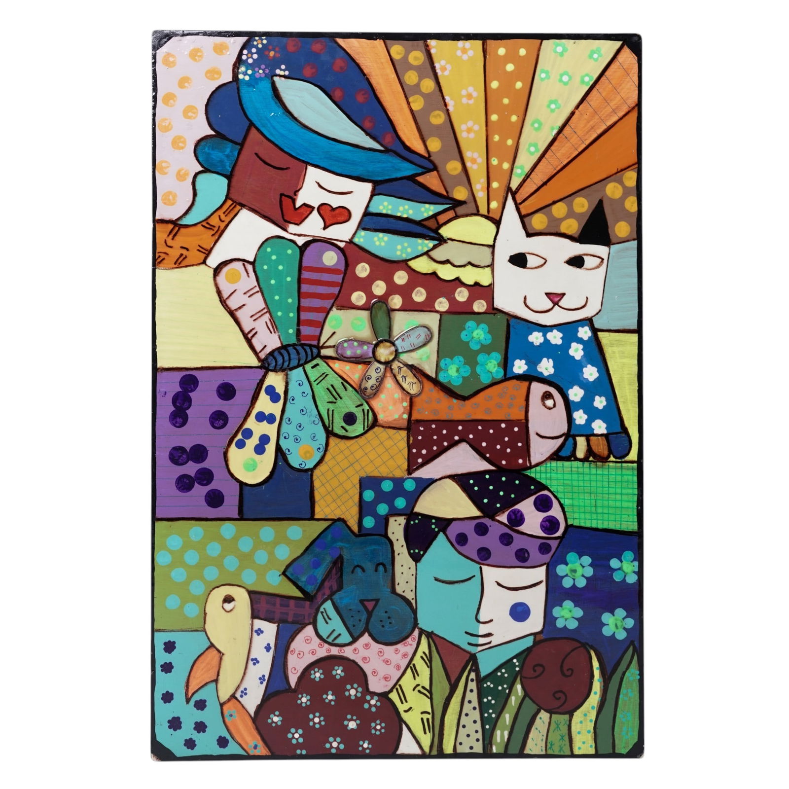 Romeo Britto Style "Britto's garden" Mixed Media & Acrylic on Board: Romeo Britto Style "Britto's garden" Mixed Media & Acrylic on Board20th century, BrazilianThe piece depicts a "primordial earthy paradise" where humans and animals, including a cat, dog, and bird, coe