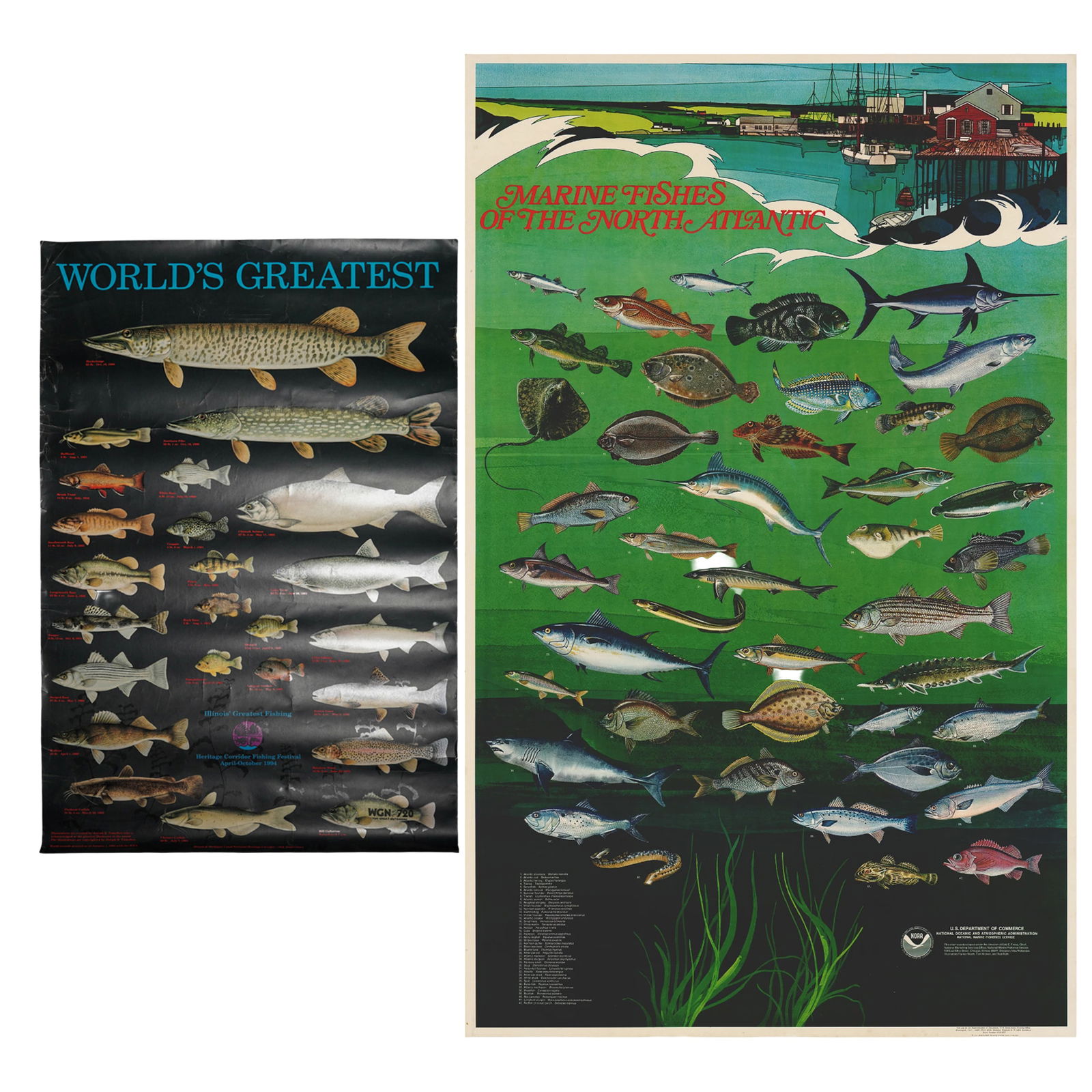 (2 pcs) Vintage American Fishing Posters: (2 pcs) Vintage American Fishing Posters20th century, AmericanA set of two vintage American fishing posters.(1) Heritage Corridor Fishing Festival 1994 "Illinois Greatest Fishing" poster.(1) US Depart
