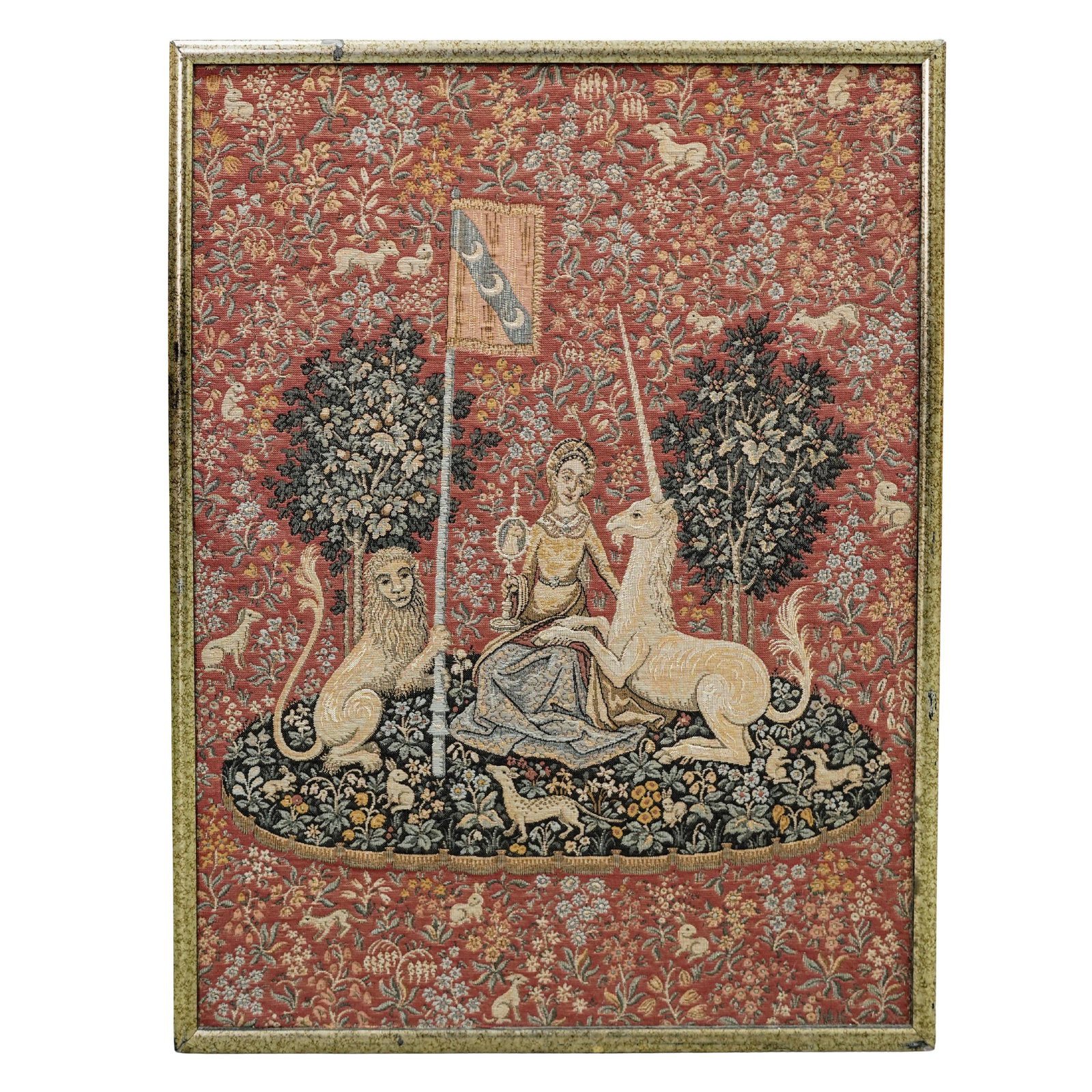Vintage "Lady & The Unicorn" "Sight" Tapestry: Vintage "Lady & The Unicorn" "Sight" Tapestry20th century, FrenchA vintage polychrome tapestry of one of the six Medieval tapestries from the The Lady and the Unicorn series, titled Sight. The origina