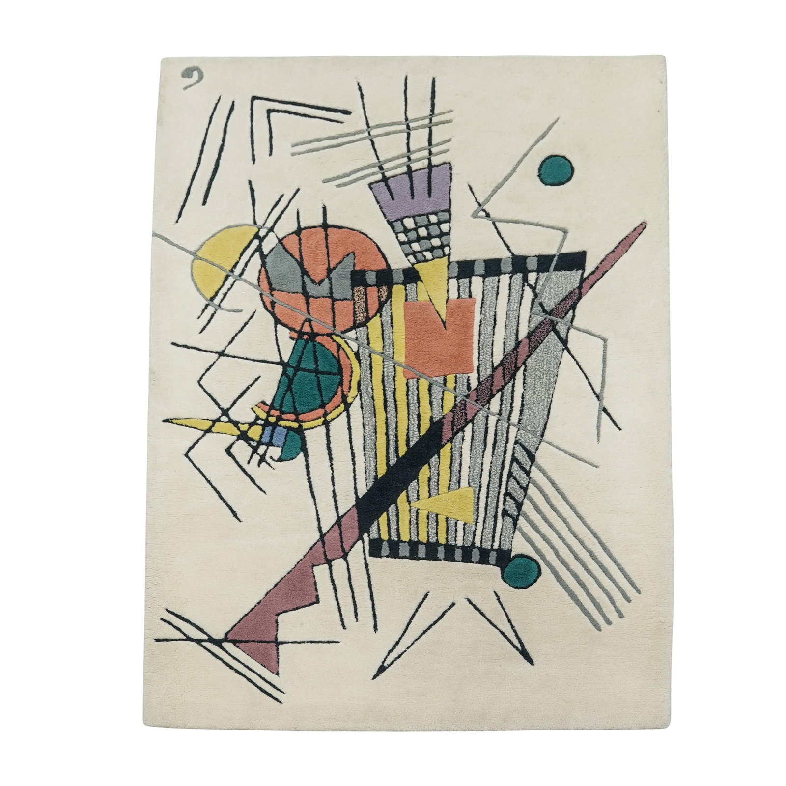 Vintage Nourison x Guggenheim Kandinsky's "Delicate Tension" Wool Rug: Vintage Nourison x Guggenheim Kandinsky's "Delicate Tension" Wool Rug20th century, IndiaA vintage Nourison wool blend rug in collaboration with the Guggenheim collection. The rug features a depiction